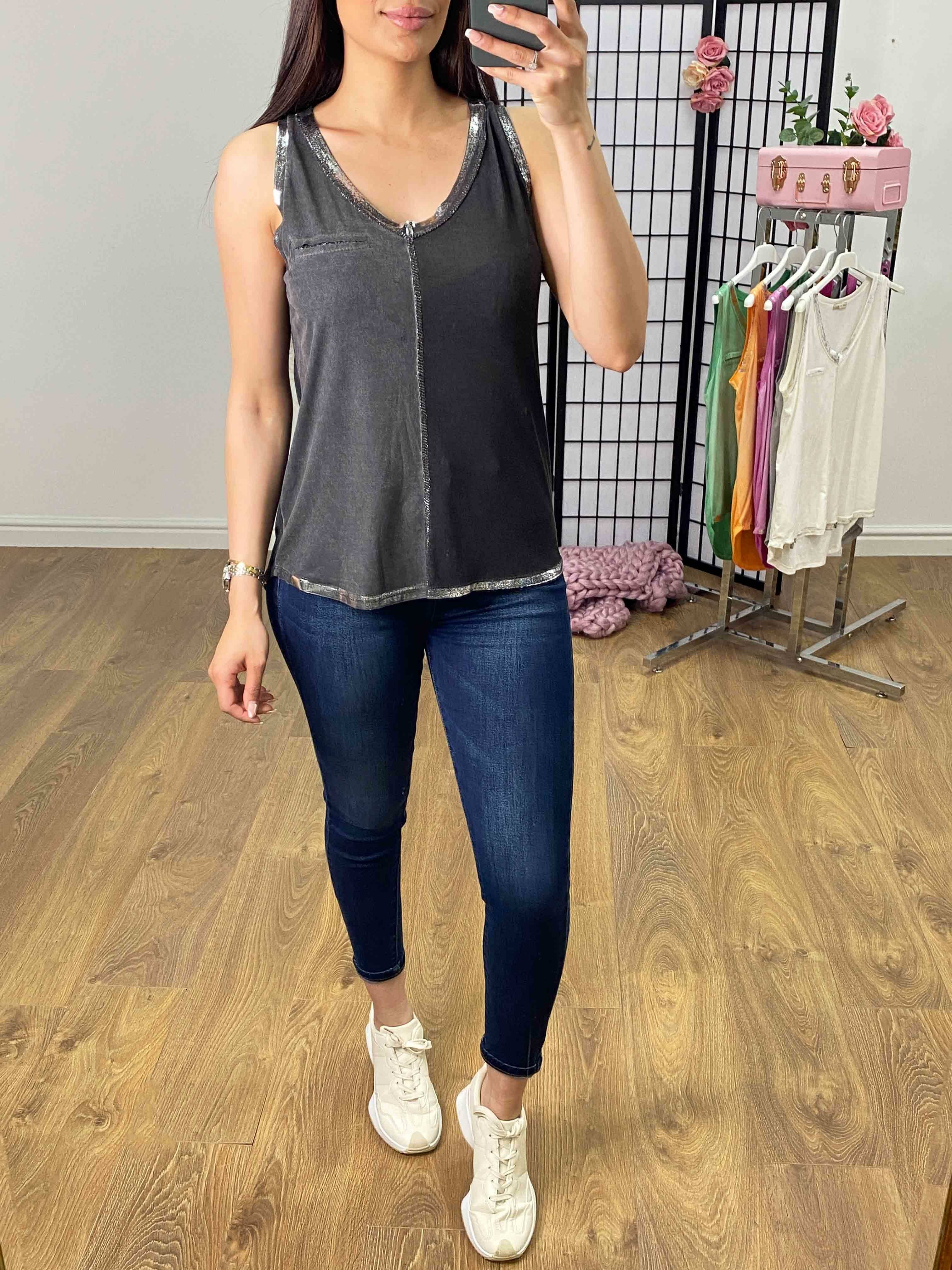 Perilla Metallic Detail Dip Hem Vest Top