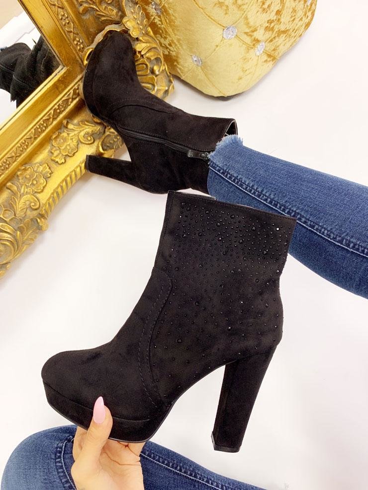 Pheonix Black Diamante Faux Suede Heel Ankle Boots