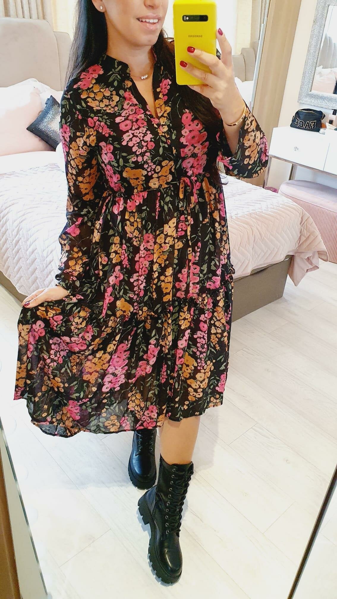 Deliya Black Floral Printed Floaty Swing Dress