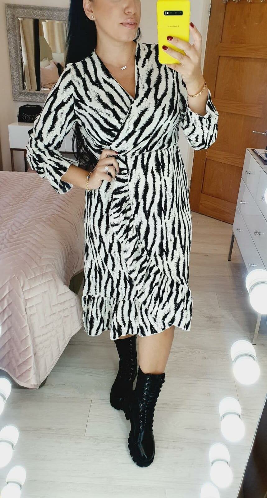 Tabby Black And Cream Ruffle Wrap Dress