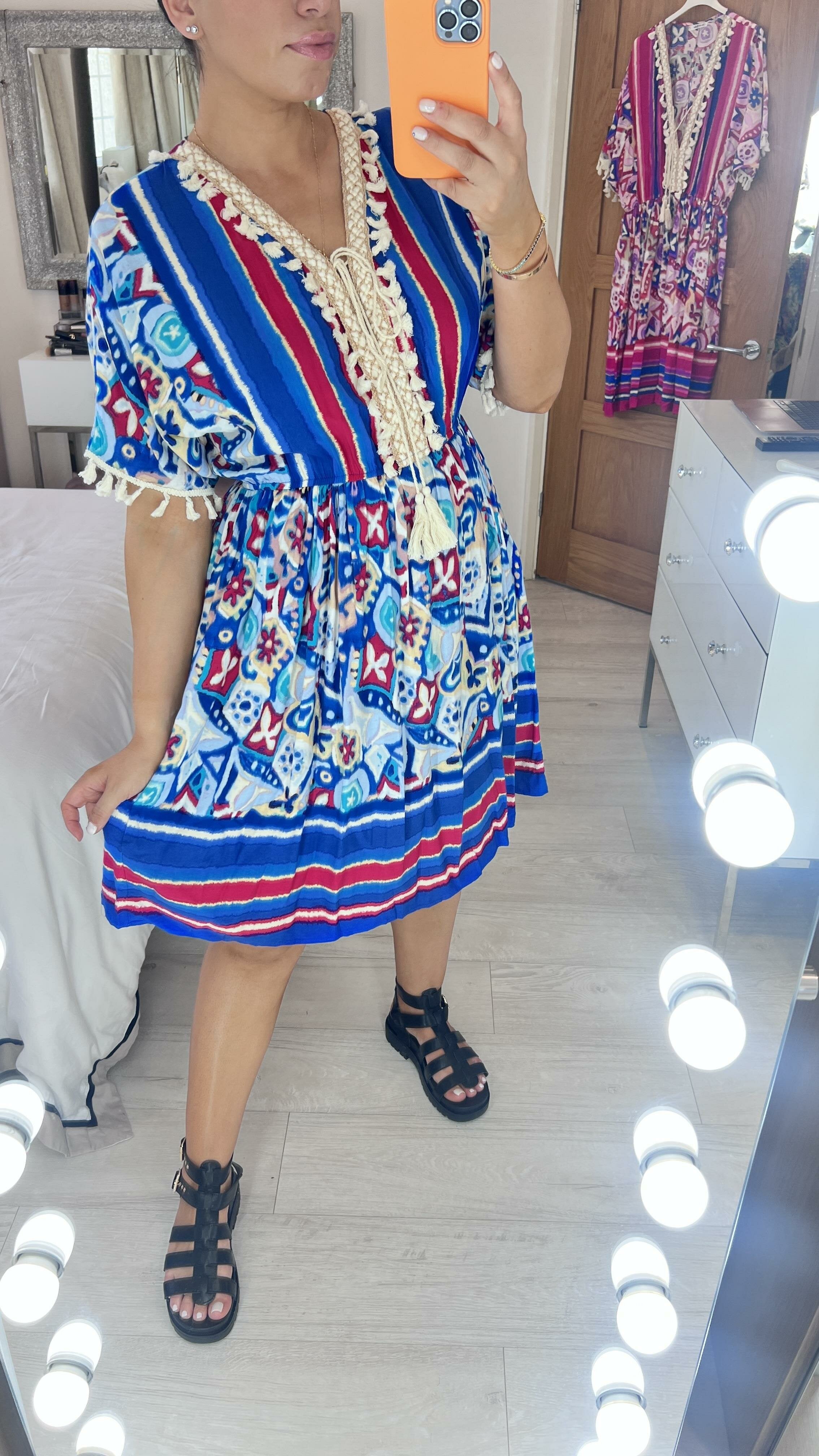 Yacoumi Tile Print Tassel Detail Kaftan Dress