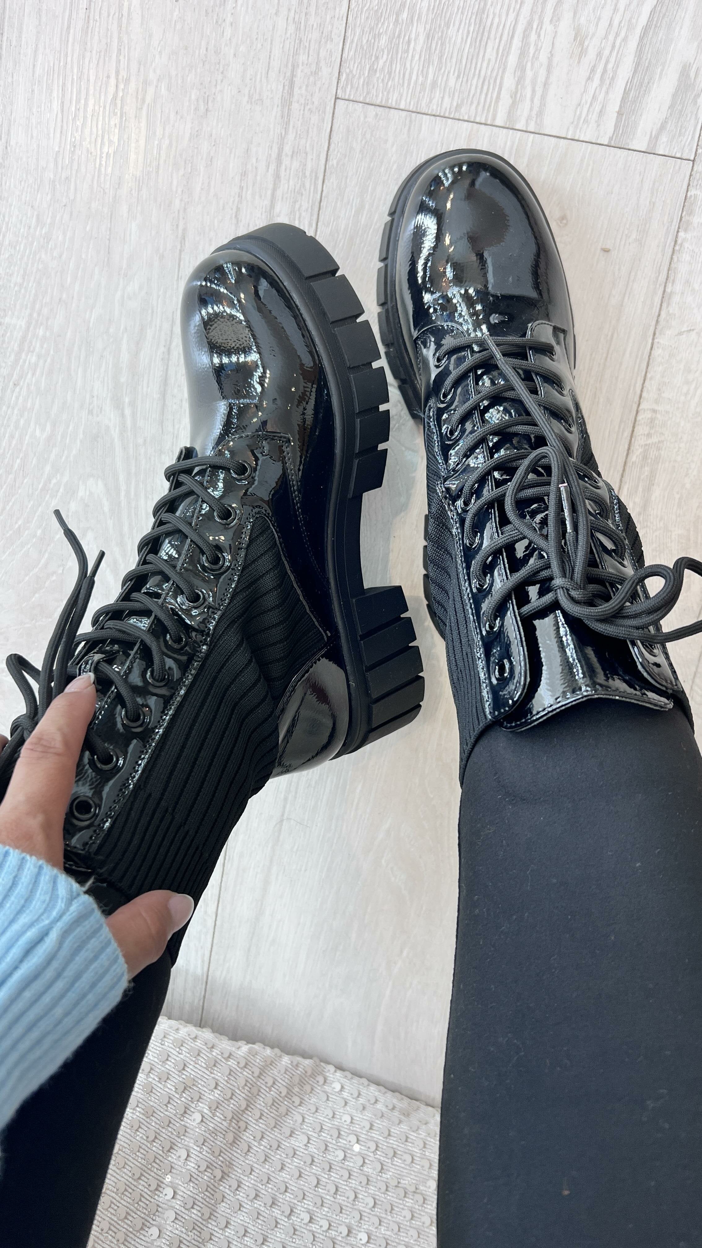 Piamia Black Patent Sock Biker Boots