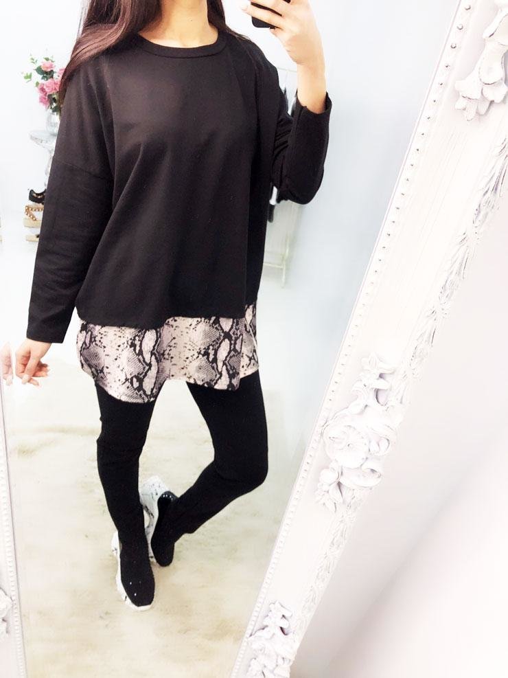 Pollie Black Oversized Snake Chiffon Hem Loungewear Set