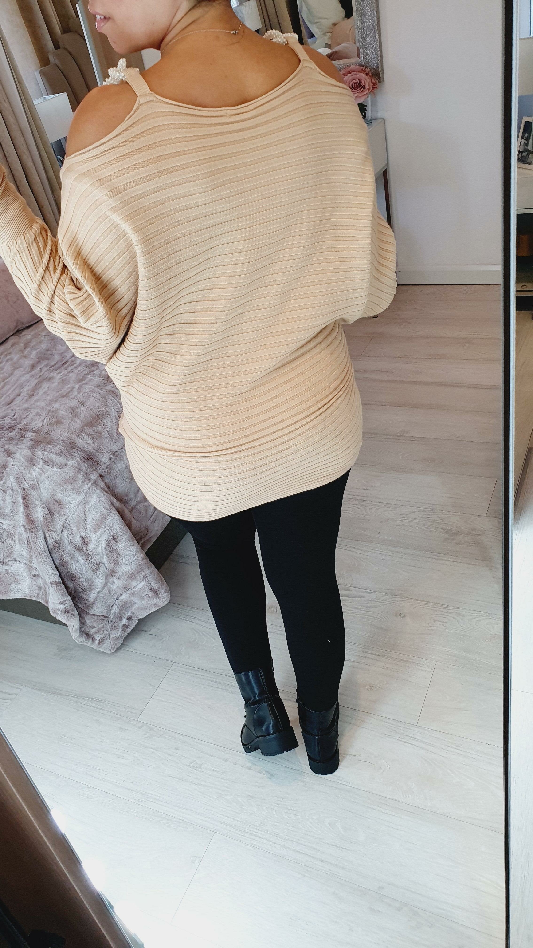 Portella Ribbed Pearl Link Shoulder Detailed Bardot Batwing Jumper