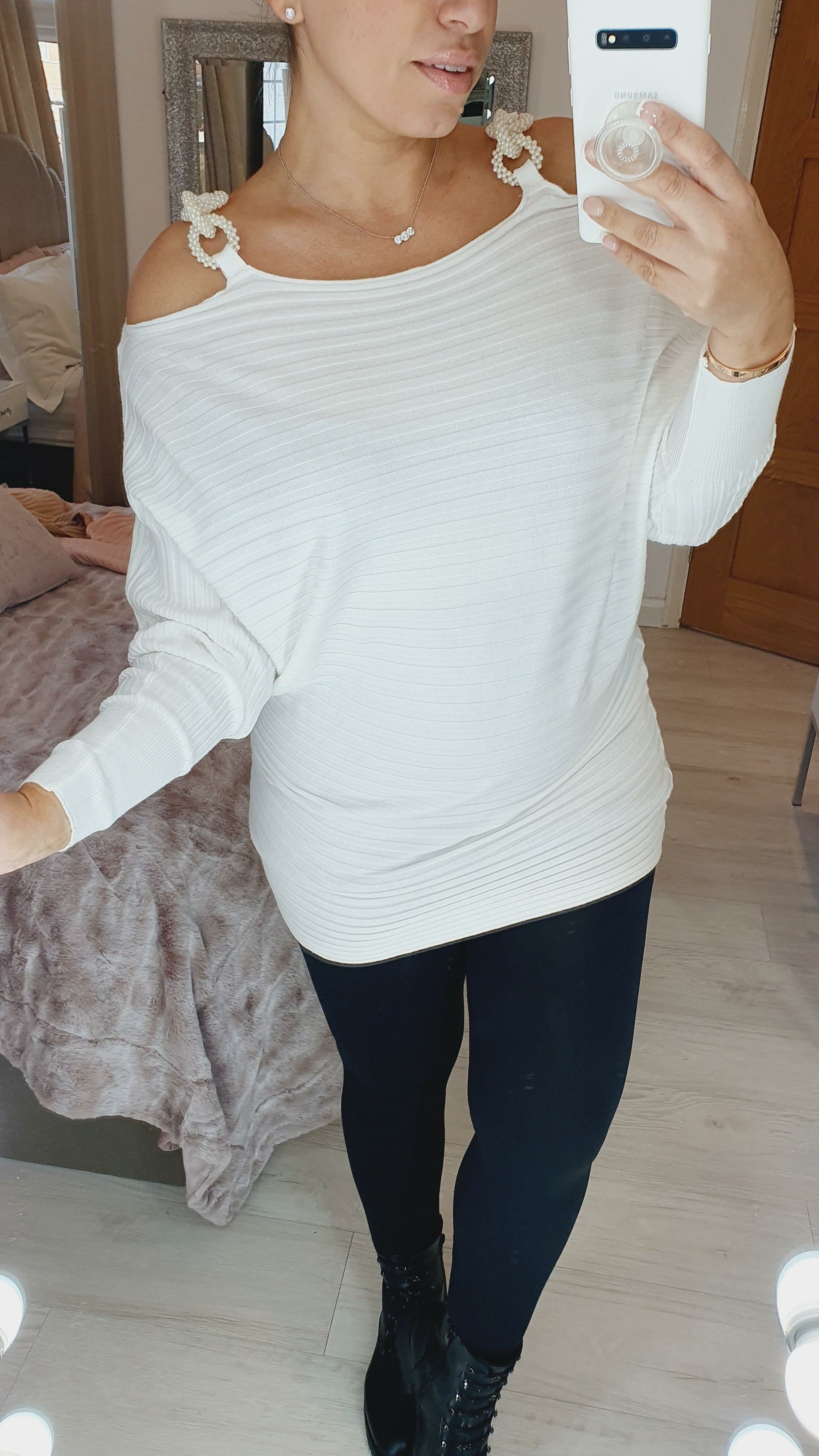 Portella Ribbed Pearl Link Shoulder Detailed Bardot Batwing Jumper