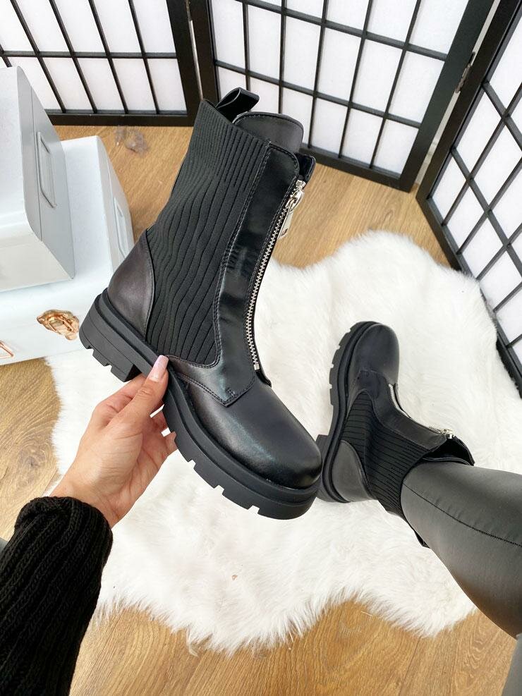 Purla Black Ribbed Sock Detailed Zip Front Faux Leather Biker Boots