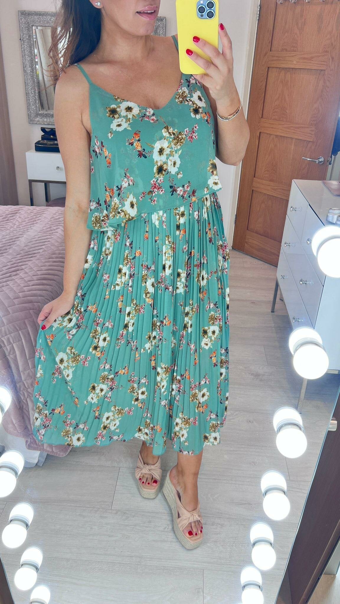 Rabia Floral Print Chiffon Overlay Pleated Maxi