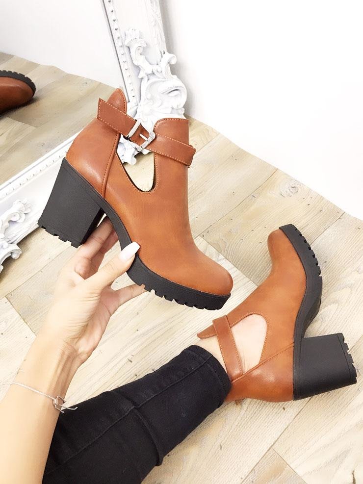 Raquel Faux Leather Cut Out Chunky Boots