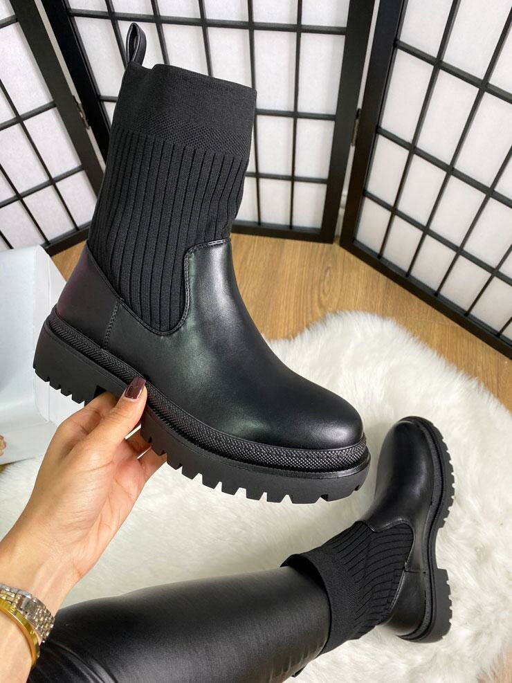 Martina Black Faux Leather Ribbed Sock Boots