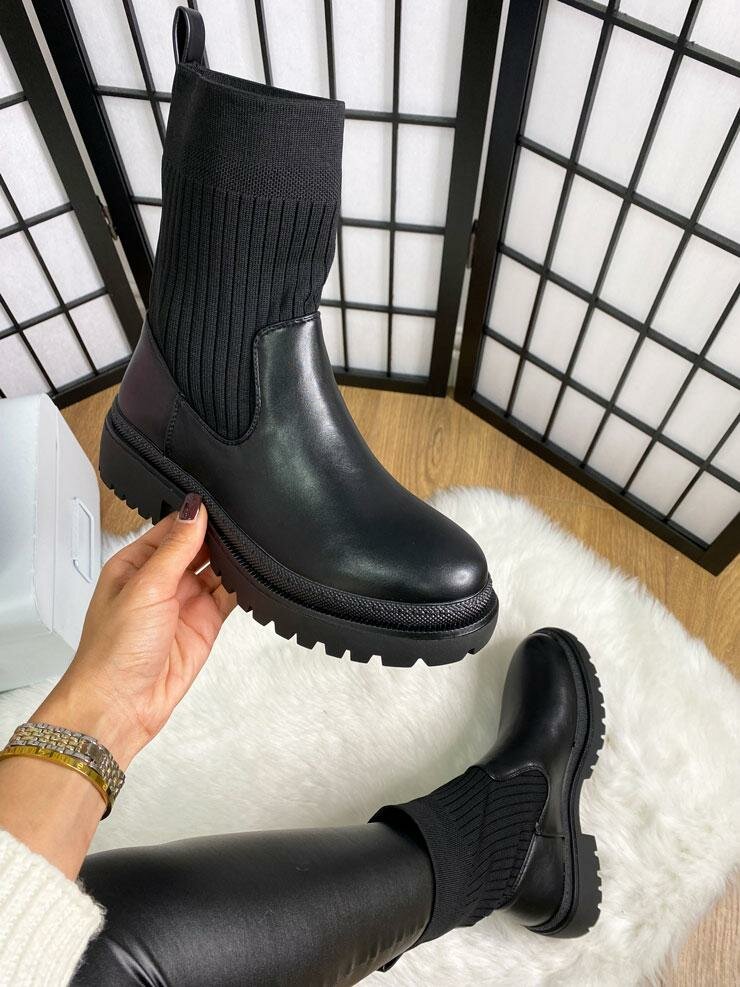 Martina Black Faux Leather Ribbed Sock Boots