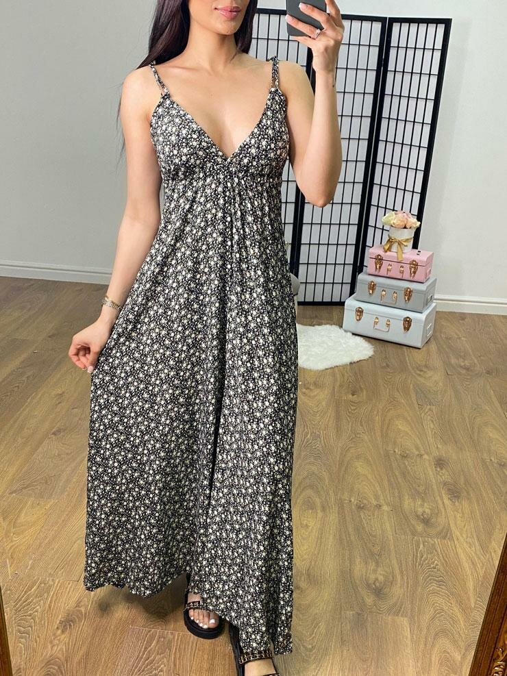 Roxanne Deep V Back Ditsy Floral Print Maxi Dress