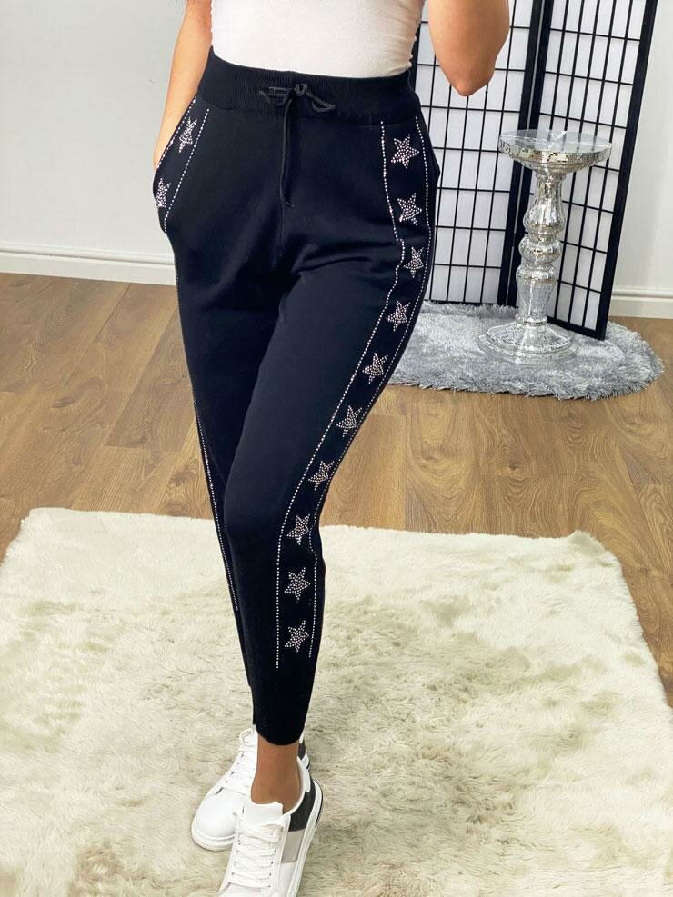 Sannie Black Diamante Star Detailed Joggers