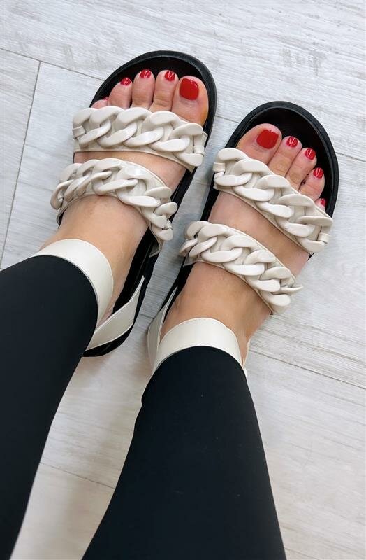 Santi White Double Strap Chain Detail Sliders