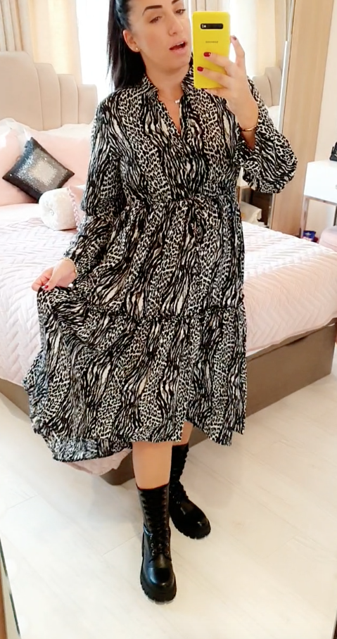 Michella Animal Print Tie Waist Tiered Swing Smock Dress