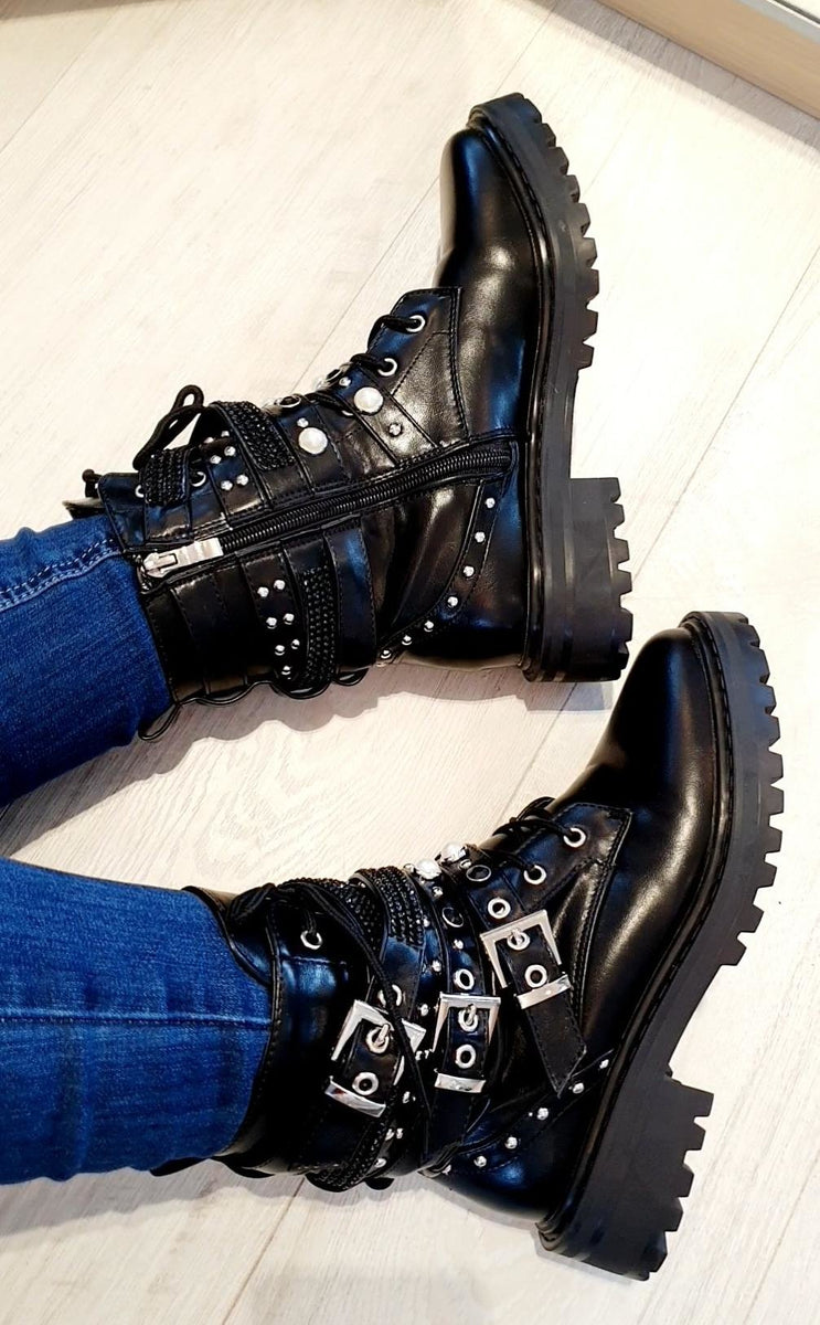 Floyd Black Studded Faux Leather Strappy Biker Boots – BowsBoutiques