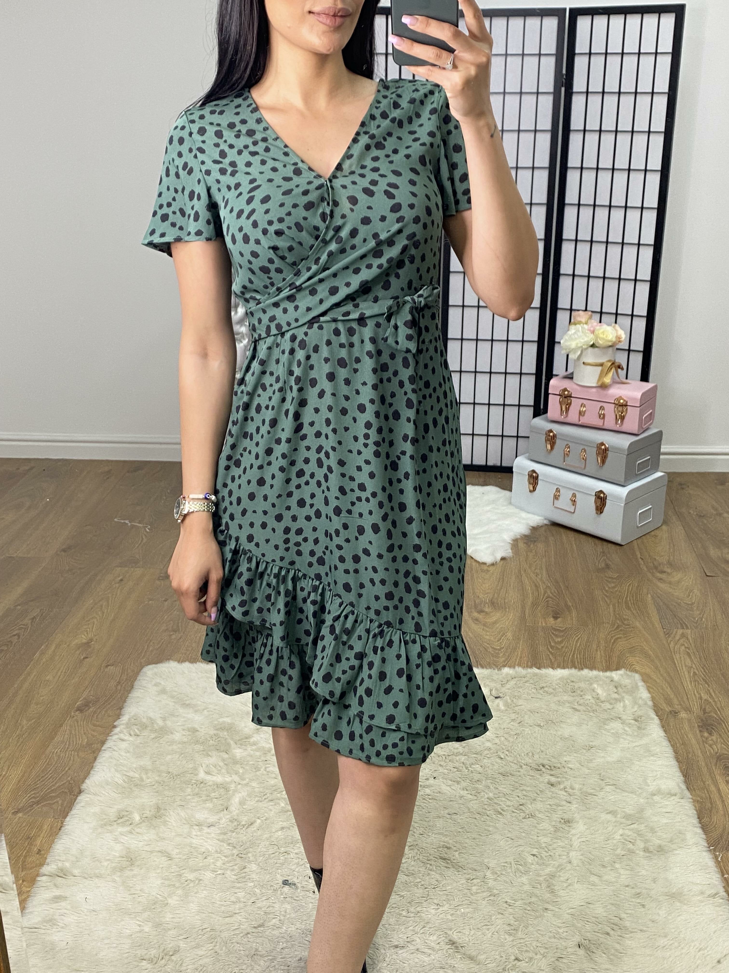 Sebrine Green Polka Dot Printed Ruffle Wrap Dress