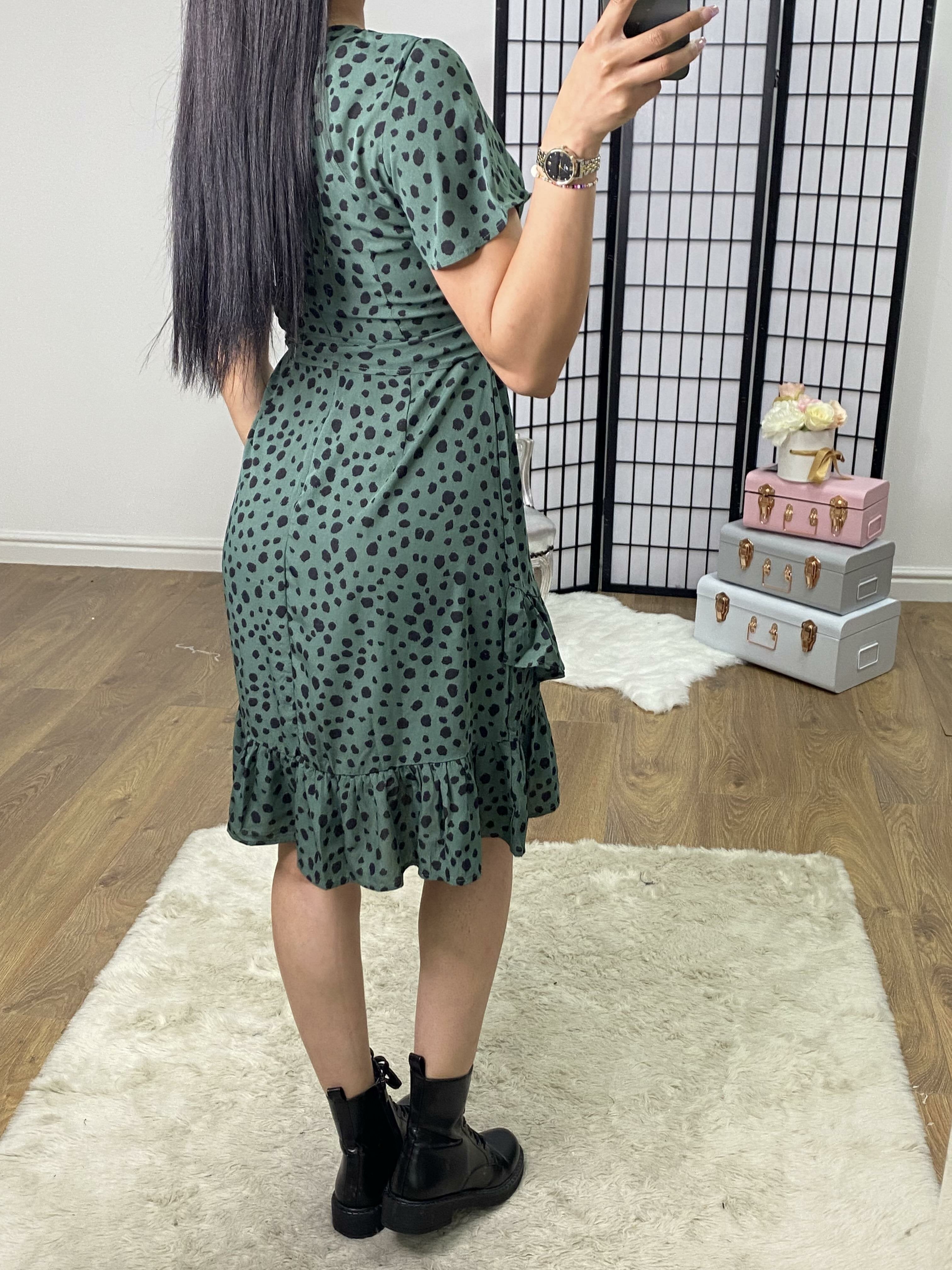Sebrine Green Polka Dot Printed Ruffle Wrap Dress