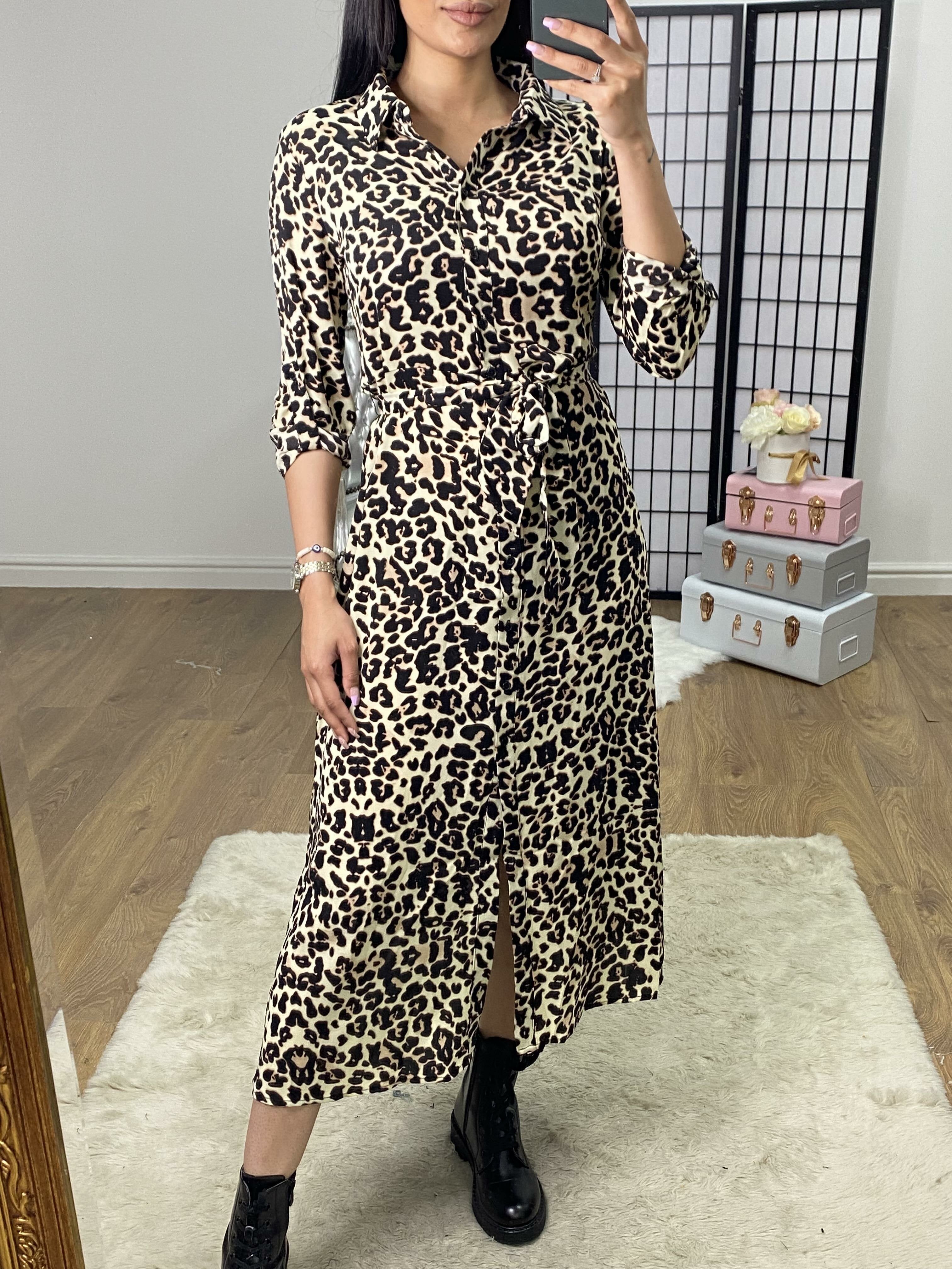 Seda Leopard Print Tie Waist Beige Shirt Dress