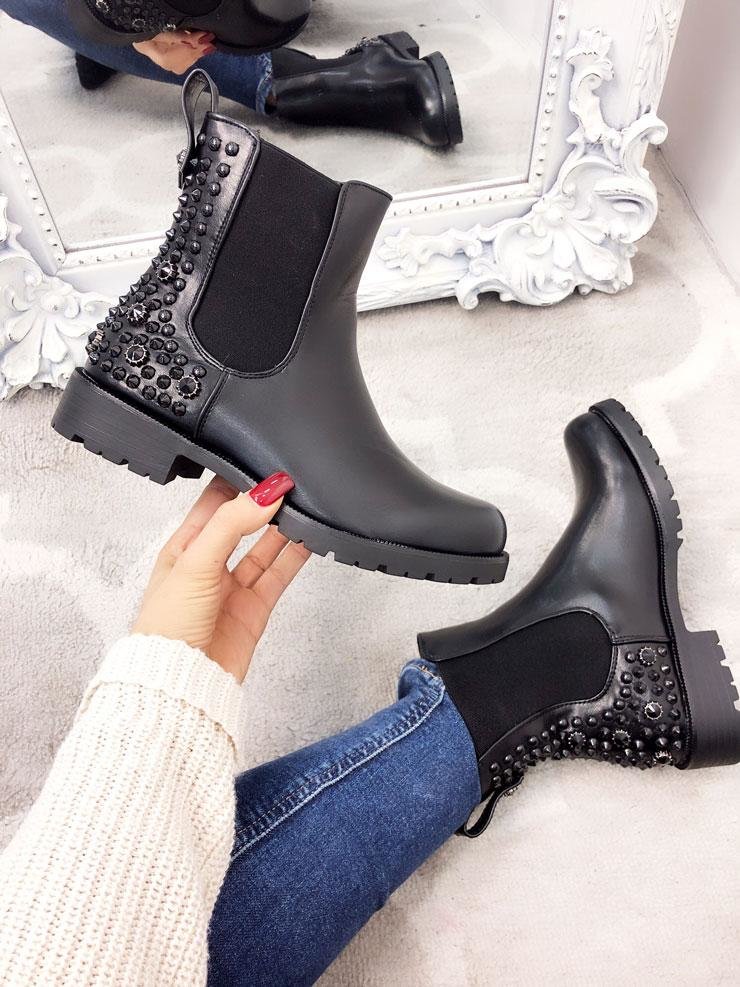 Shakira Black Faux Leather Studded Biker Chelsea Boots