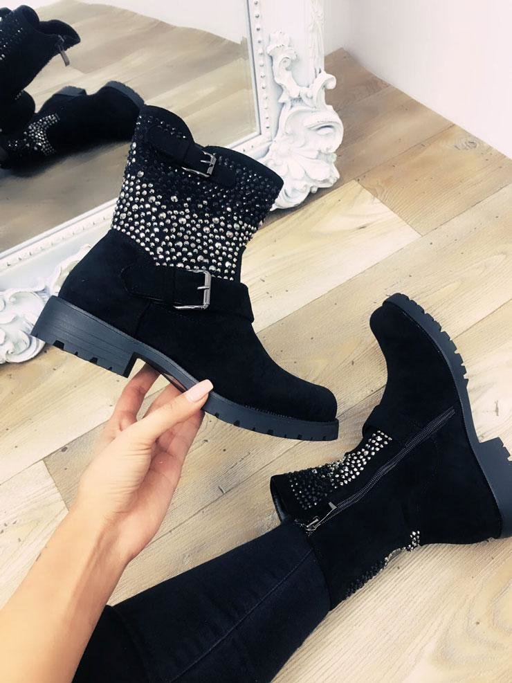 Sibbel Black Faux Suedette Studded Buckle Biker Boots