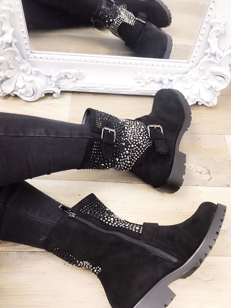 Sibbel Black Faux Suedette Studded Buckle Biker Boots