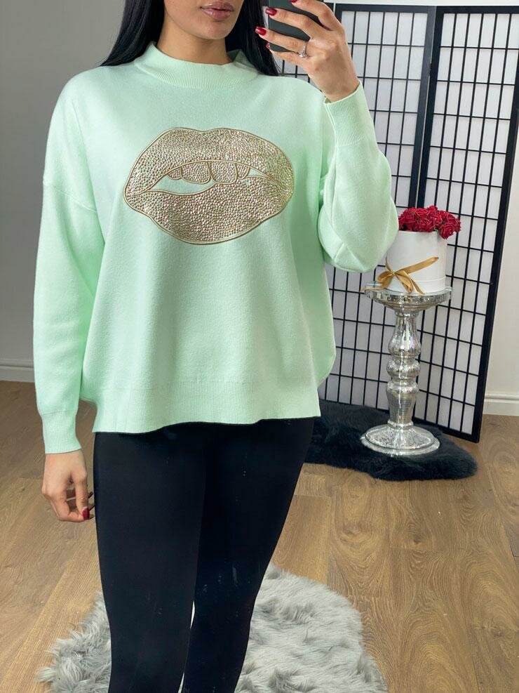 Sicily Oversized Studded Gold Lips Detailed Knit Jumper