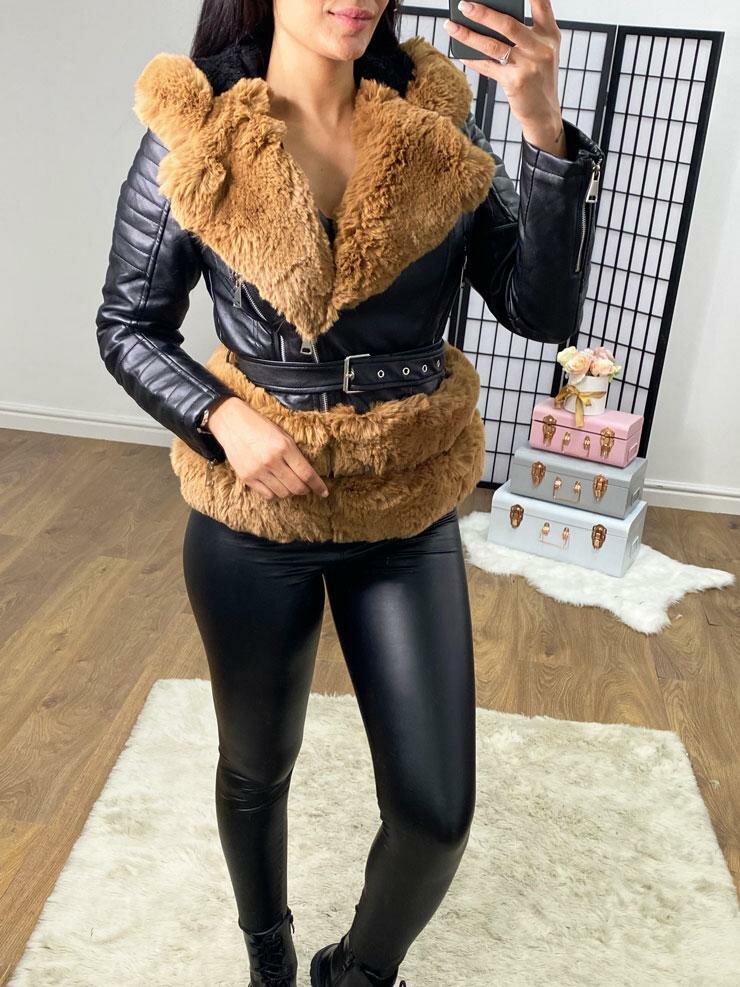 Sorveta Black With TAN Faux Leather Hooded Faux Fur Belted Jacket