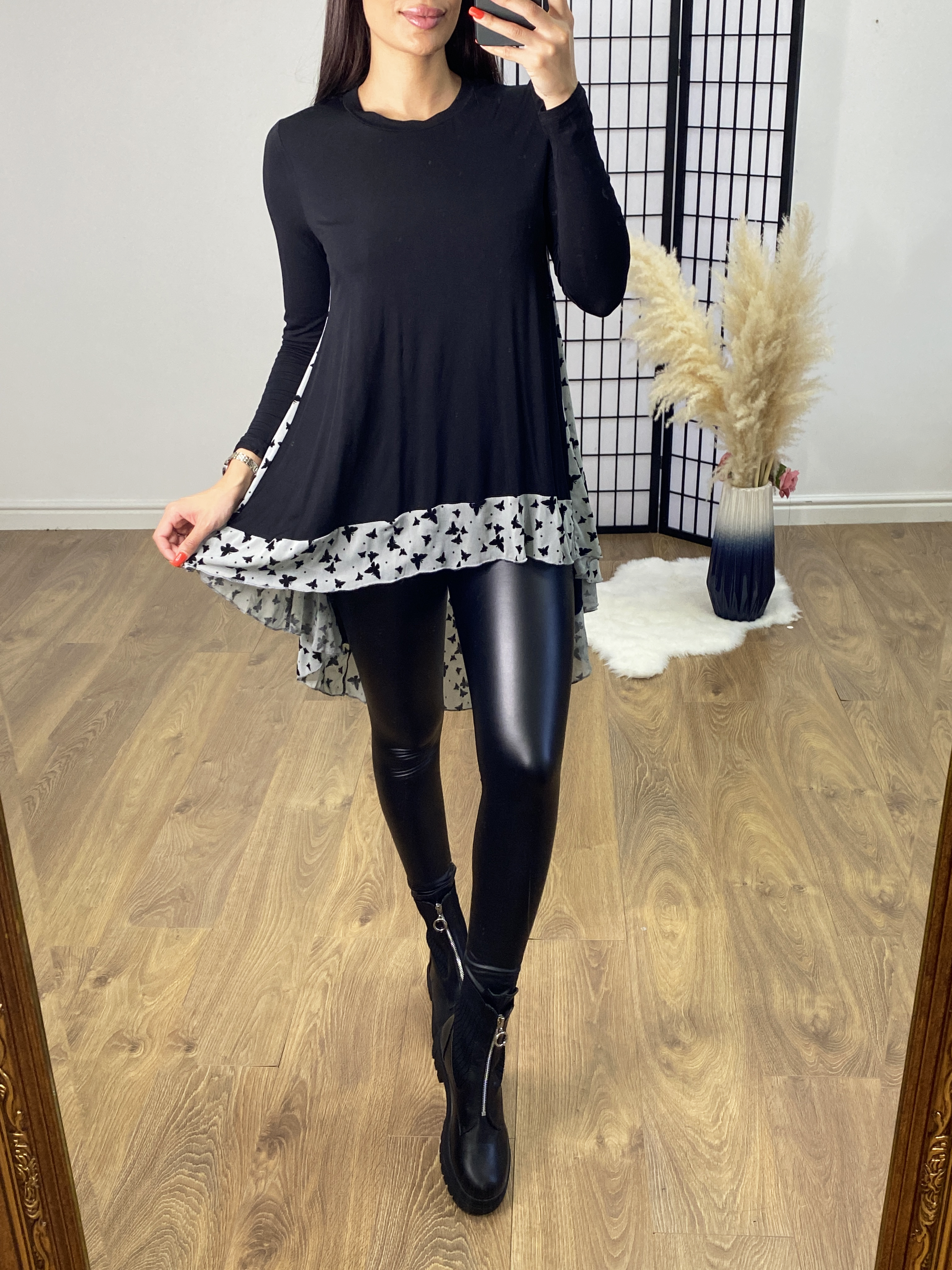 Souza Butterfly Print Chiffon Back Detailed Dip Hem Top