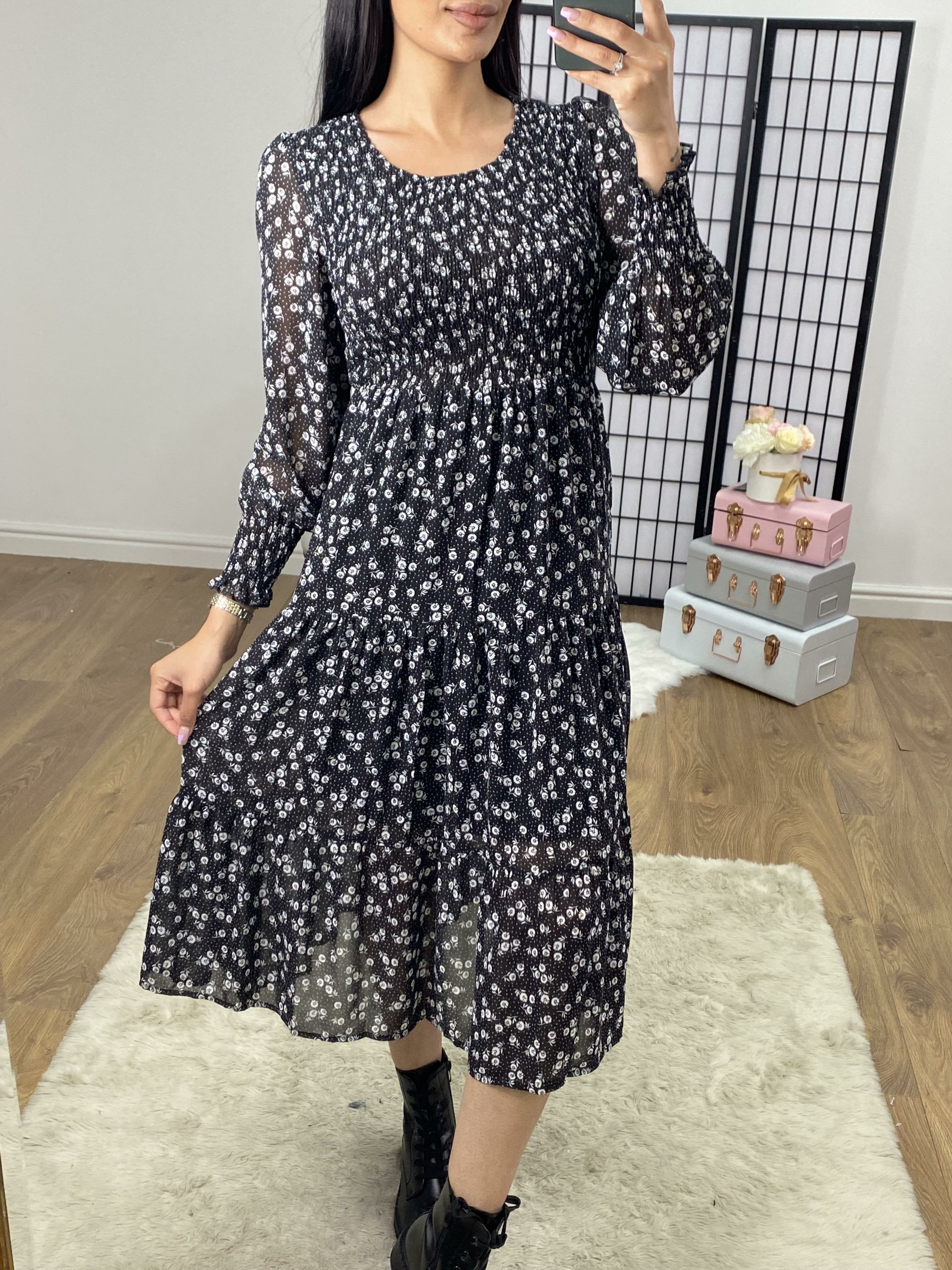 Sunita Black White Floral Print Elasticated Tiered Midi Dress