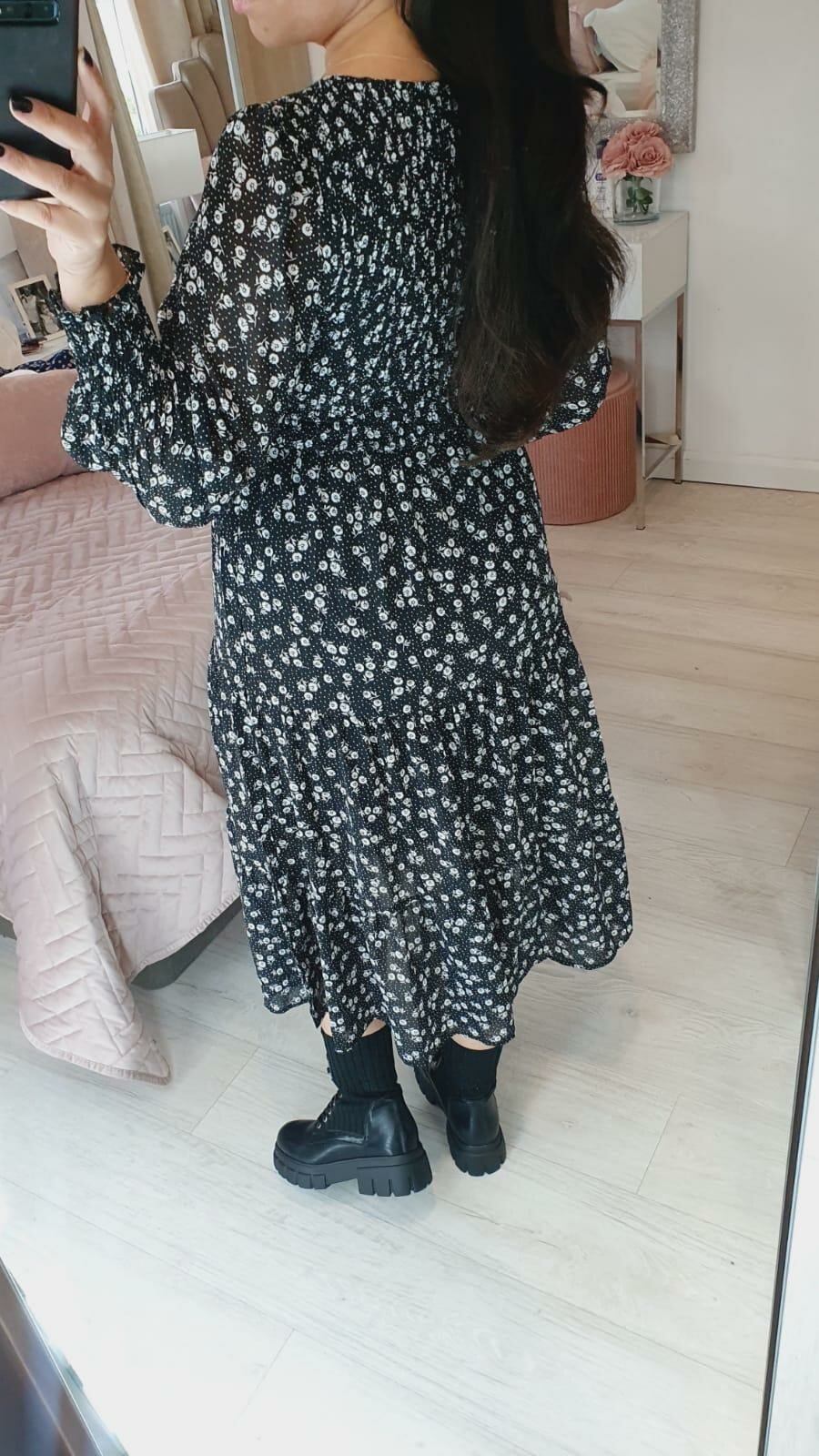 Sunita Black White Floral Print Elasticated Tiered Midi Dress