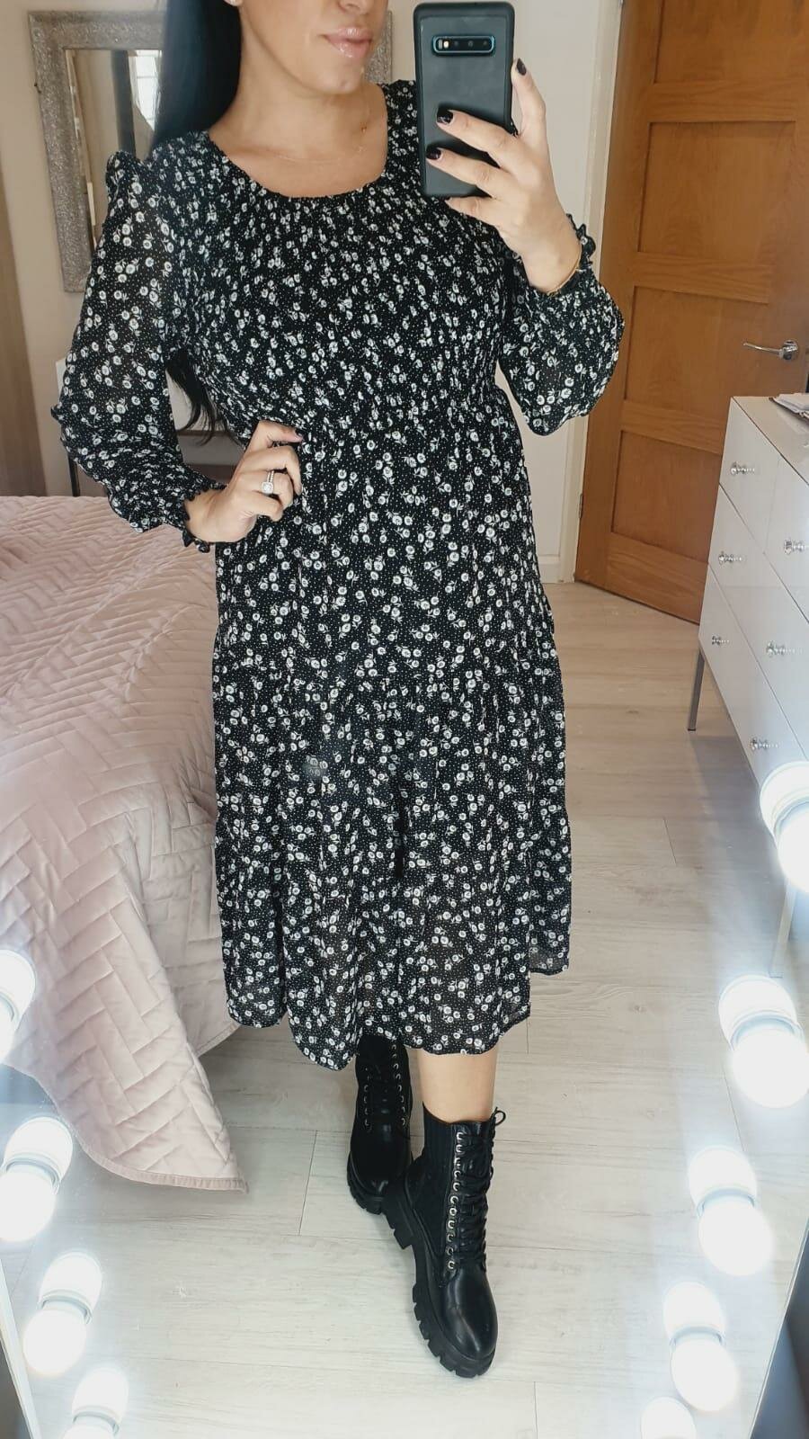 Sunita Black White Floral Print Elasticated Tiered Midi Dress