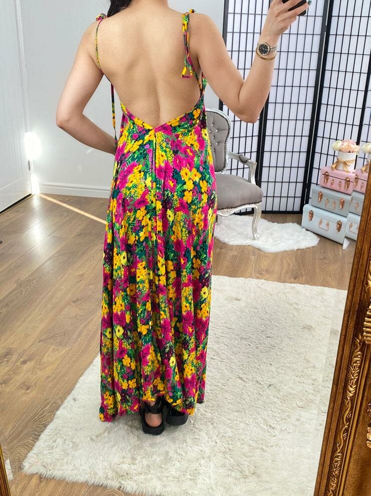 Suranne Yellow Deep V Back Floral Maxi Dress