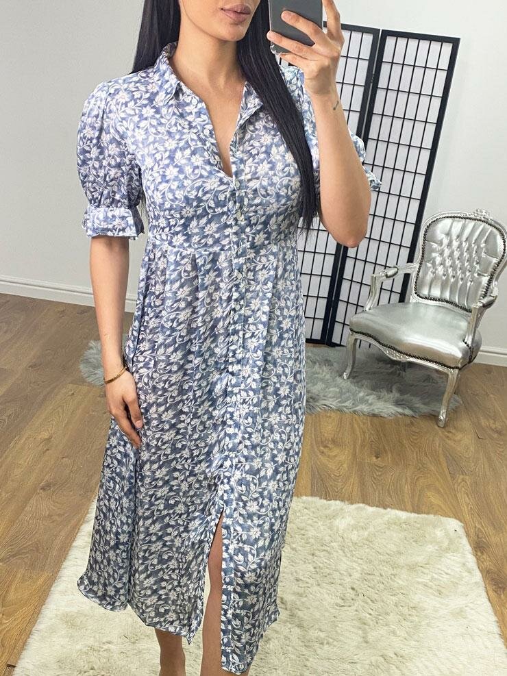 Tabia Baby Blue Floral Print Shirt Swing Dress