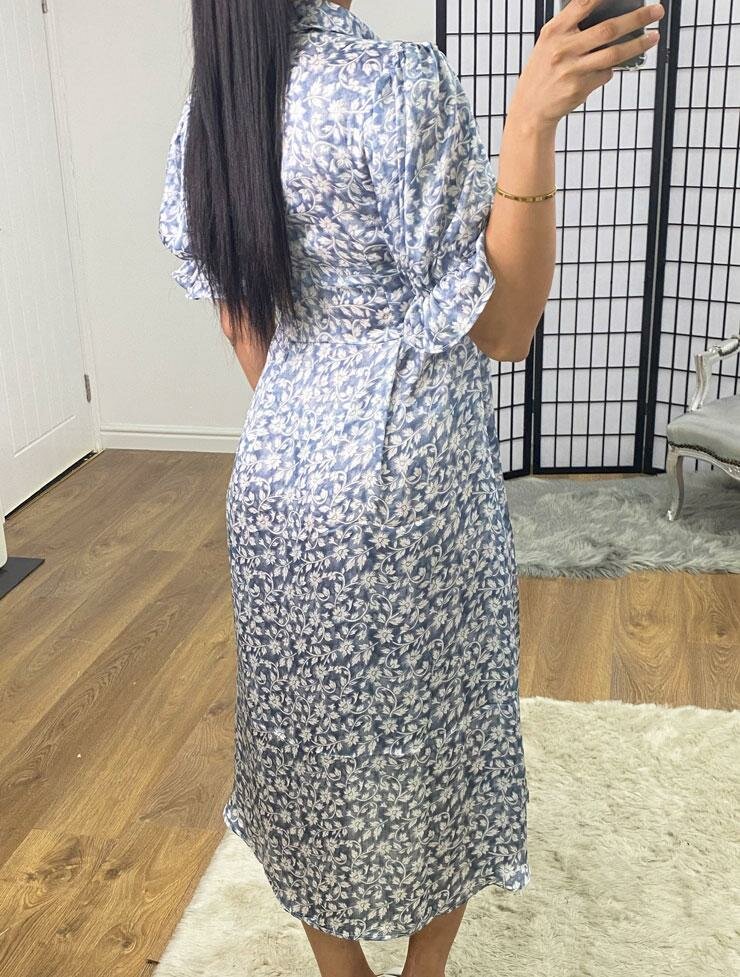 Tabia Baby Blue Floral Print Shirt Swing Dress