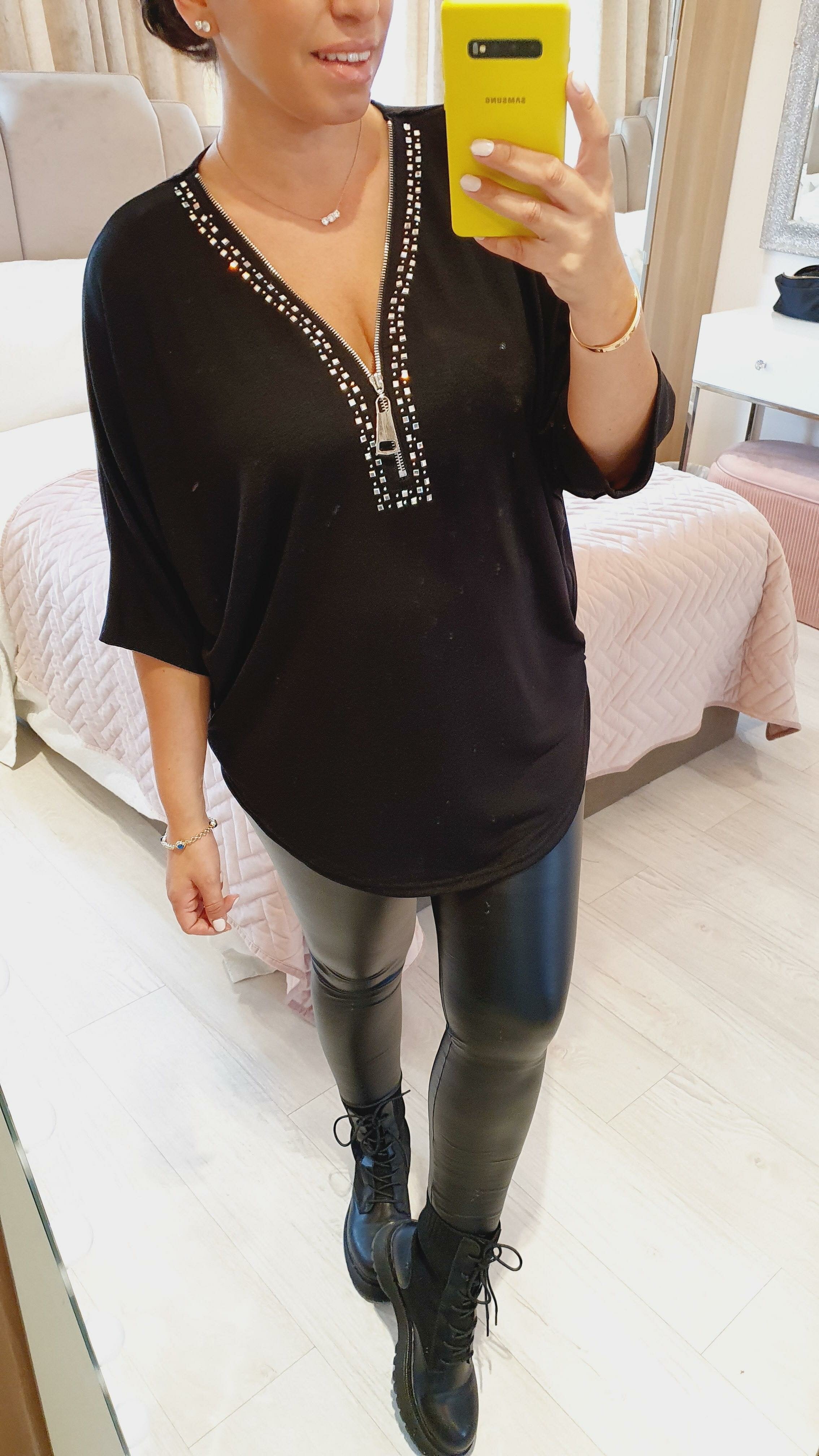 Tarrise Black Oversized Diamante Zip Detailed Batwing Top