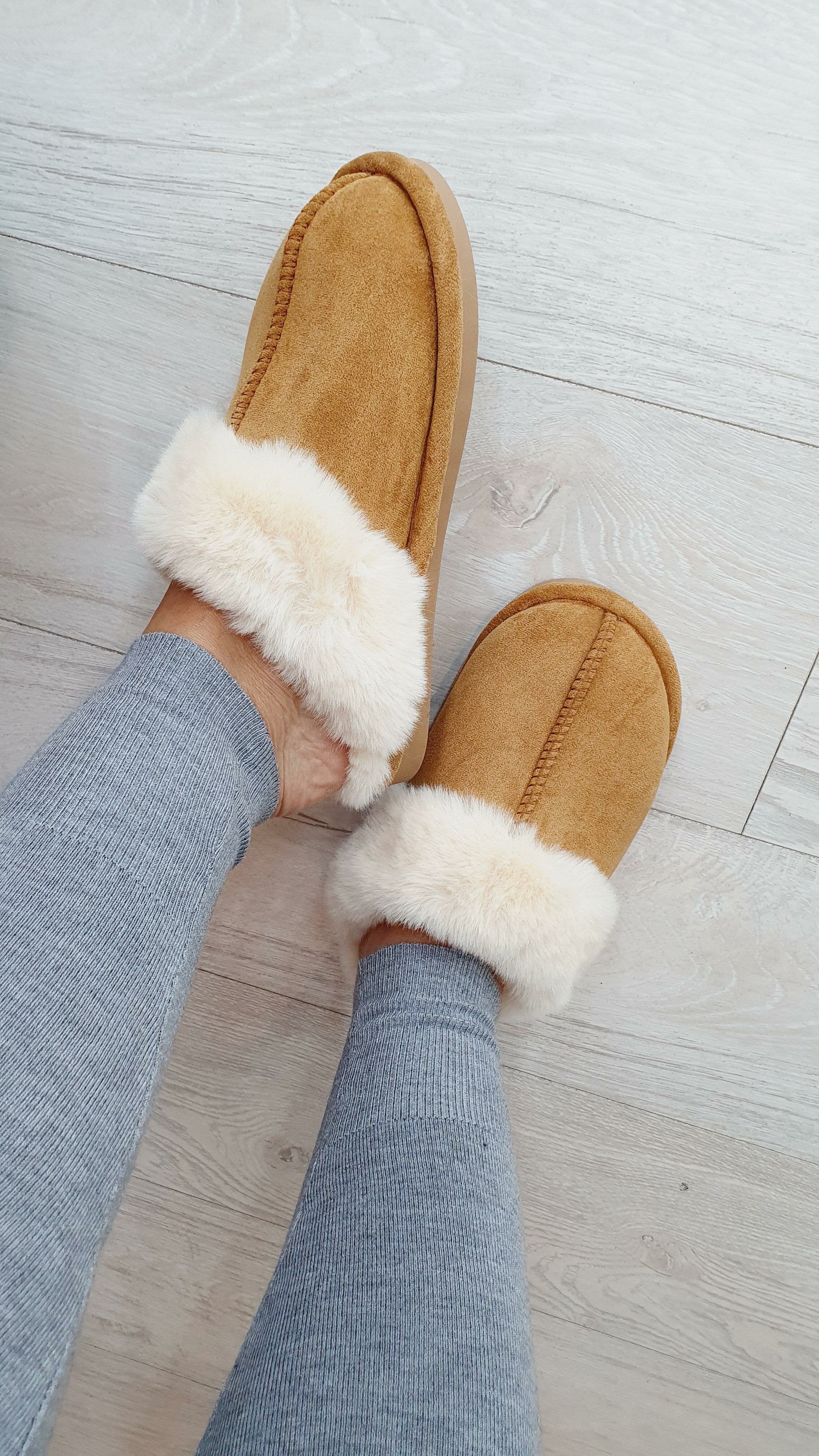 Tedsy Camel Faux Suede Faux Fur Slippers