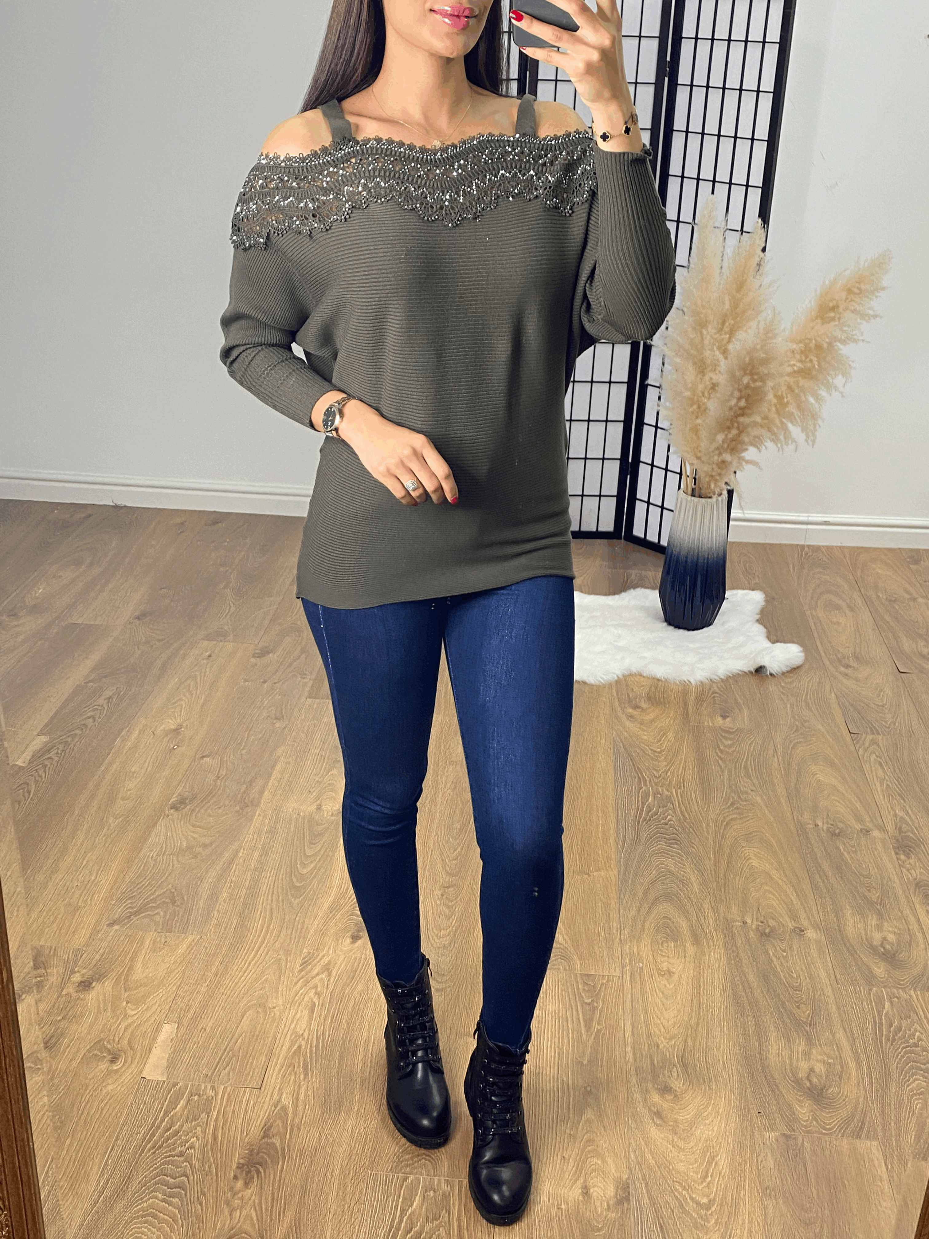 Glamma Crochet Diamante Strappy Bardot Jumper