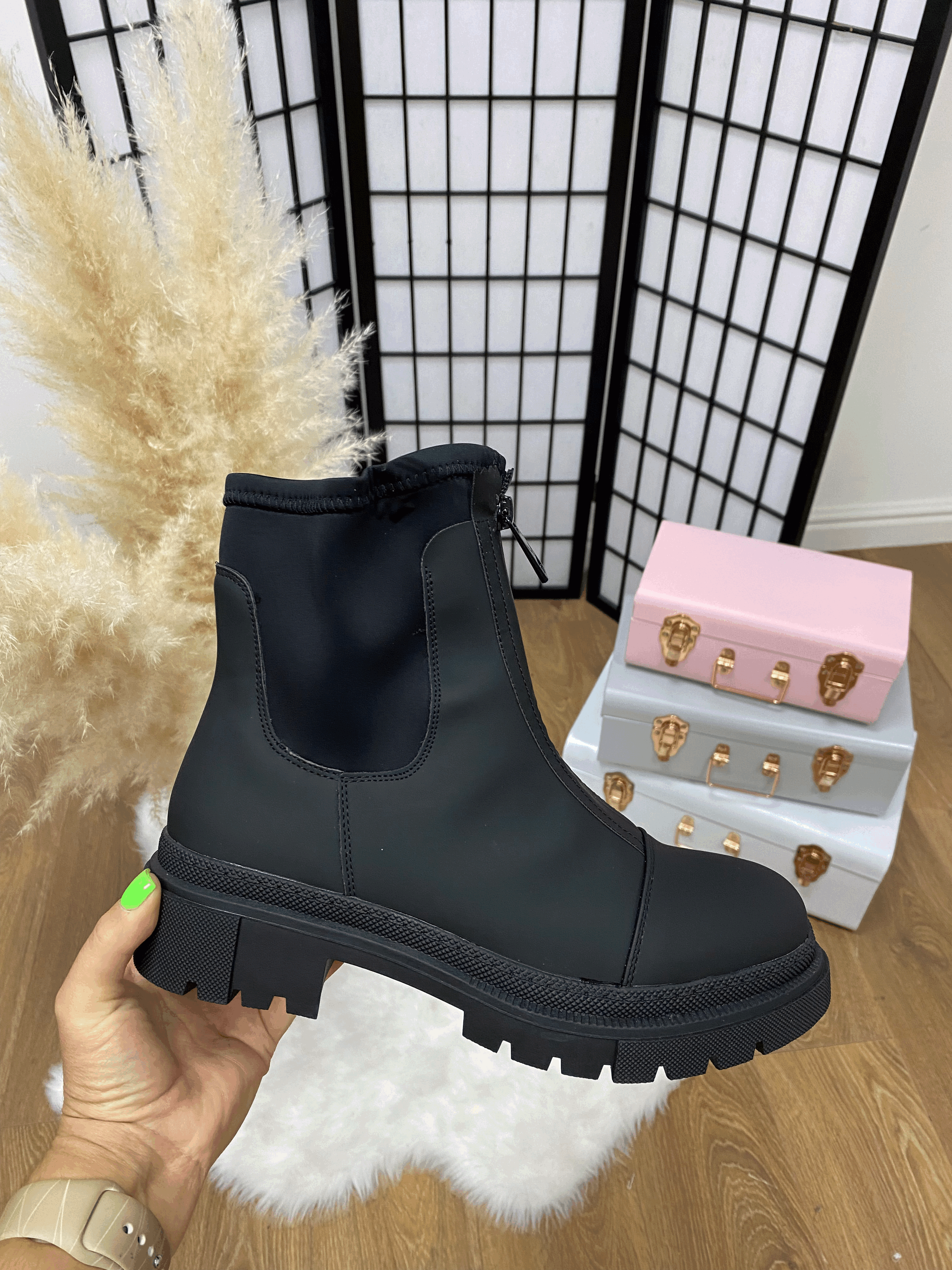 Dover Black Rubber Zip Front Biker Boots