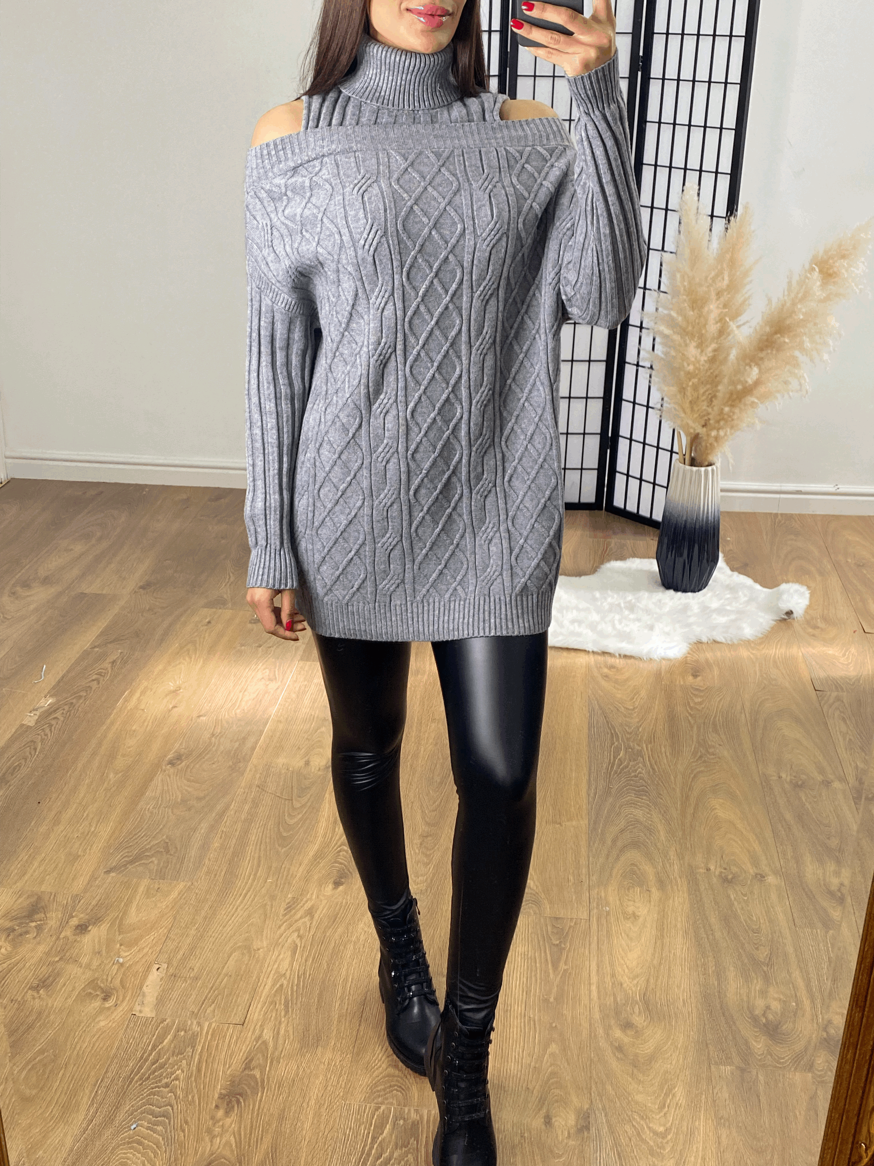 Dilara Cold Shoulder Roll Neck Cable Knit Jumper