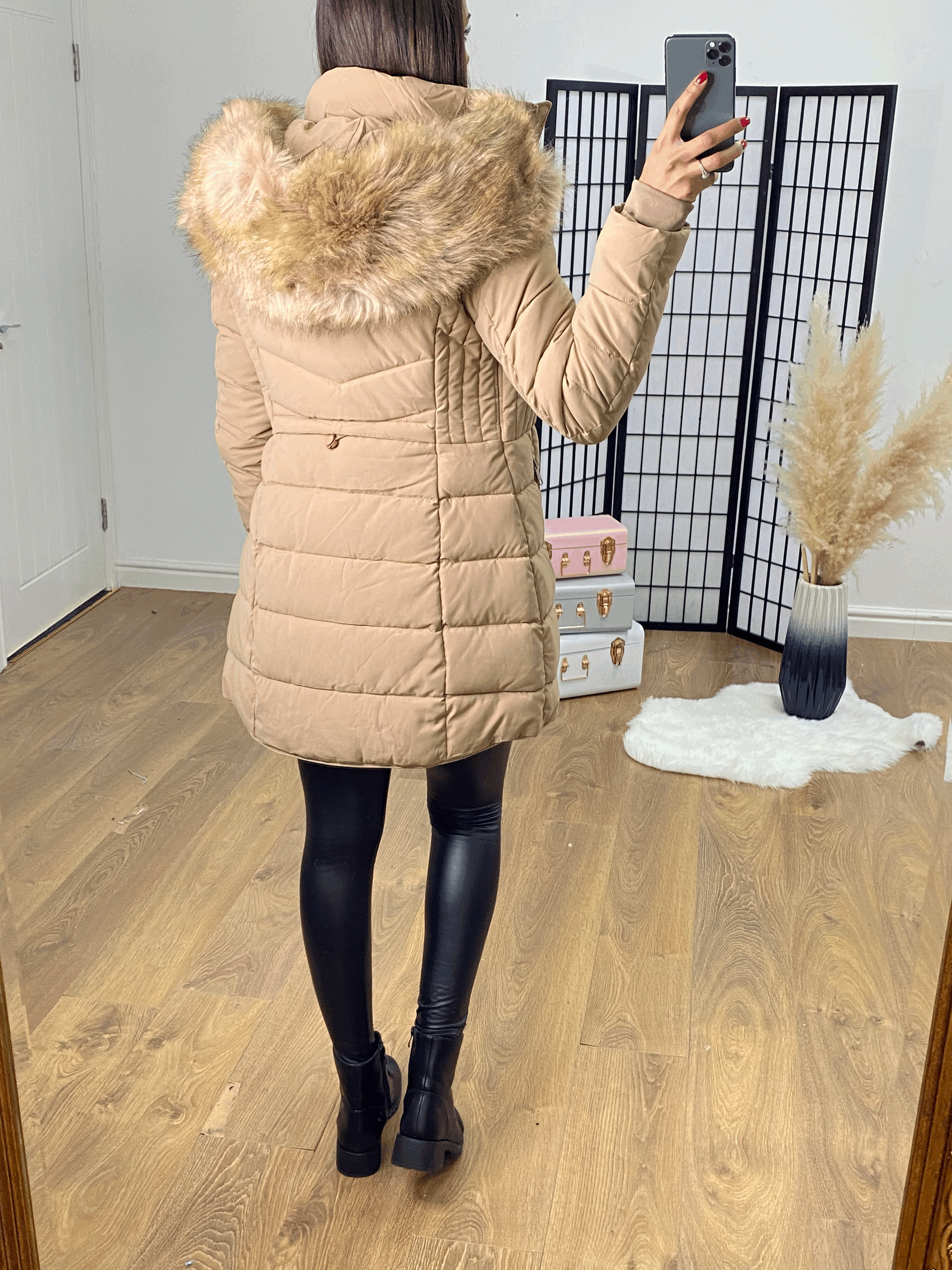 Santana Camel Faux Fur Hood Padded Coat