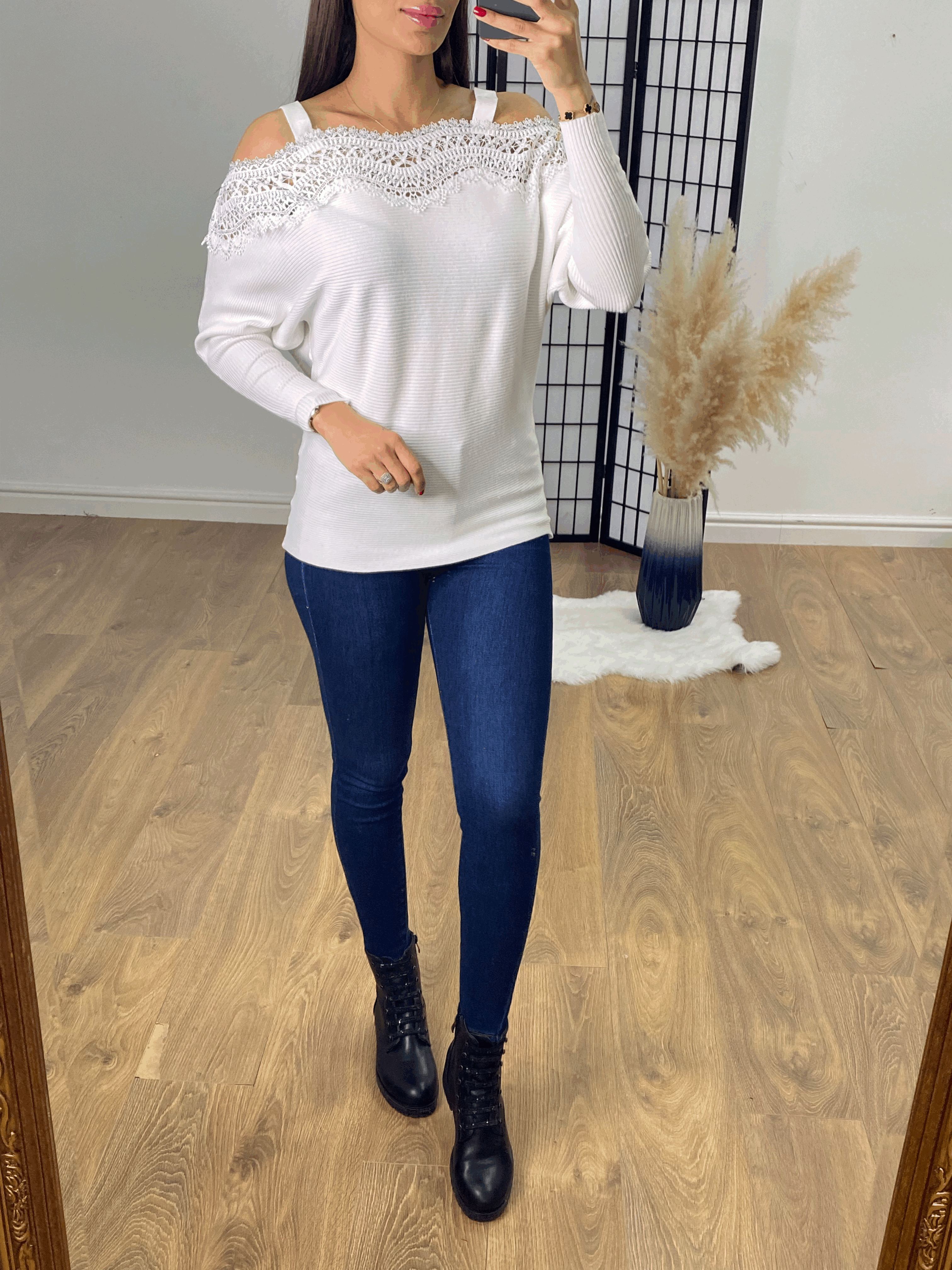 Glamma Crochet Diamante Strappy Bardot Jumper