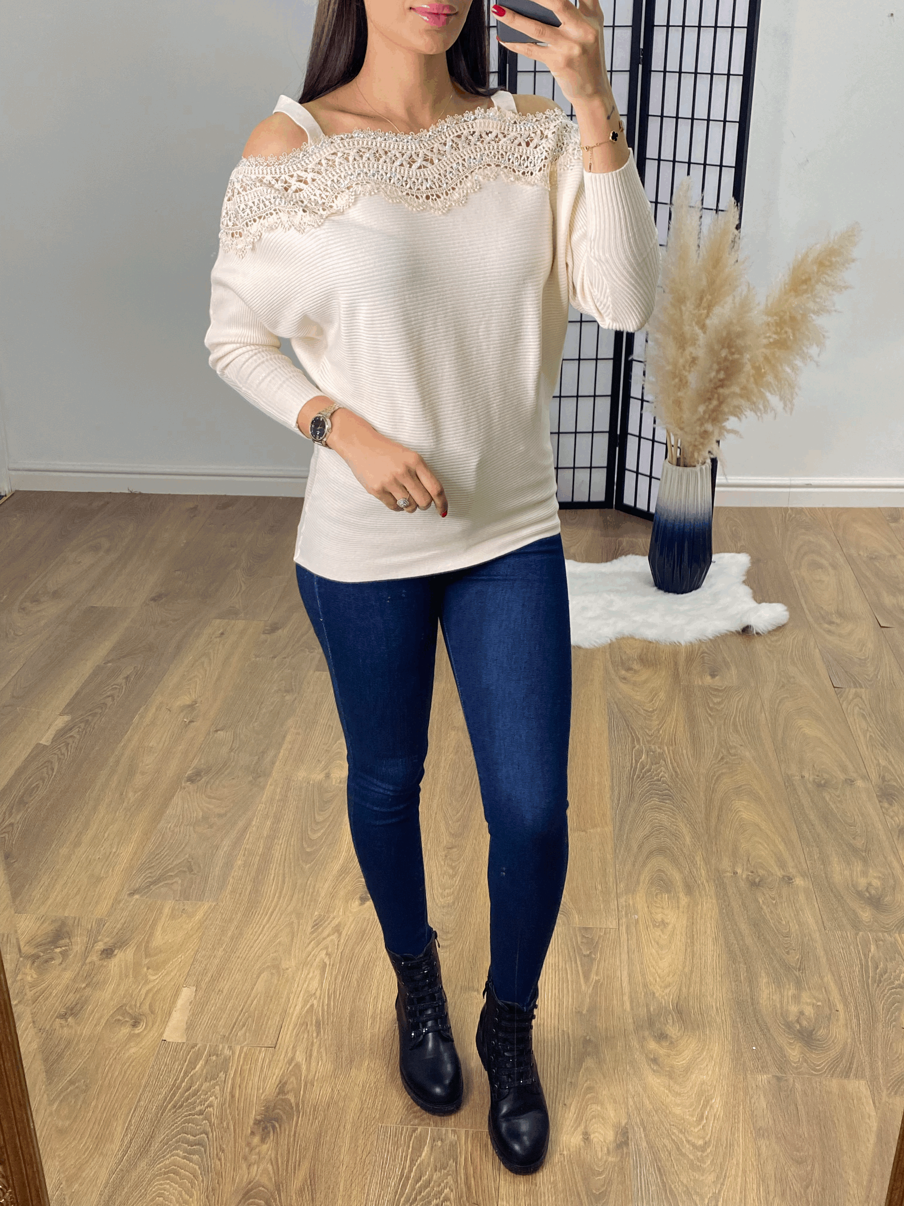 Glamma Crochet Diamante Strappy Bardot Jumper