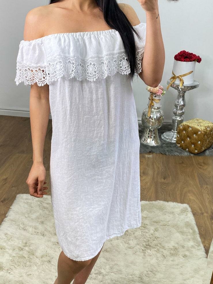 Theony Linen Crochet Bardot Dress
