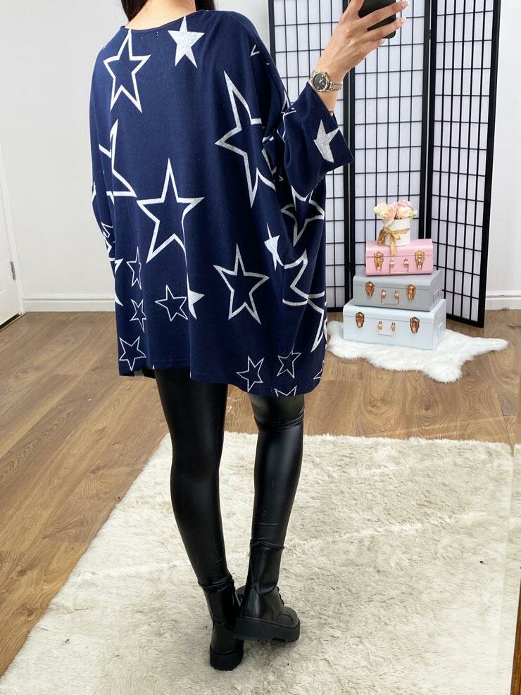 Tishy Super Soft Navy Star Print Oversized Thin Knit Jumper