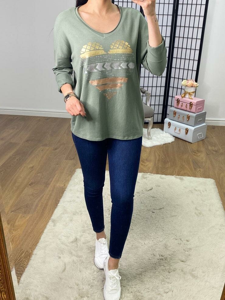 Tova Metallic Stencil Diamante Panel Heart Sweatshirt