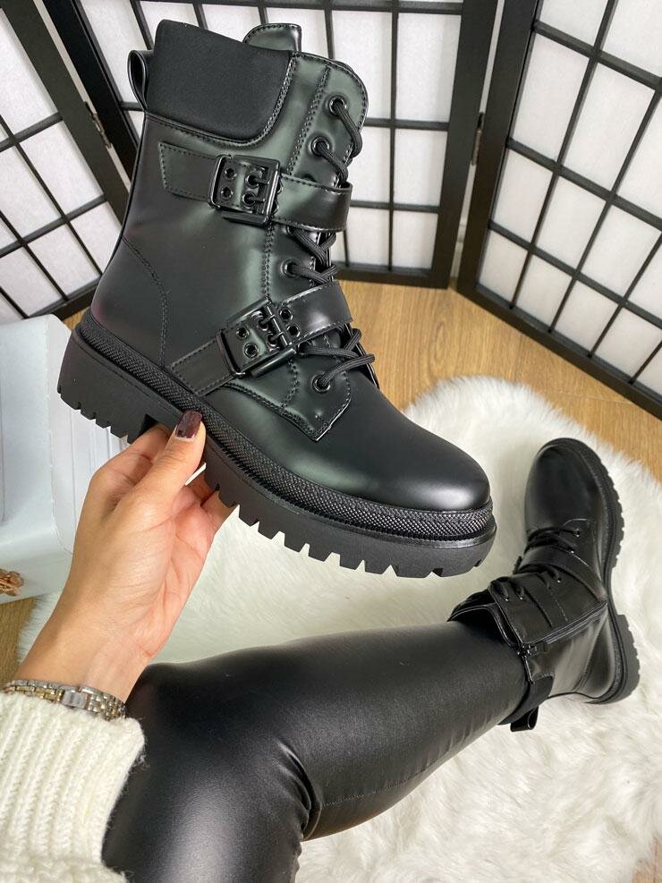 Valery Black Faux Leather Buckle Detailed Chunky Biker Boots