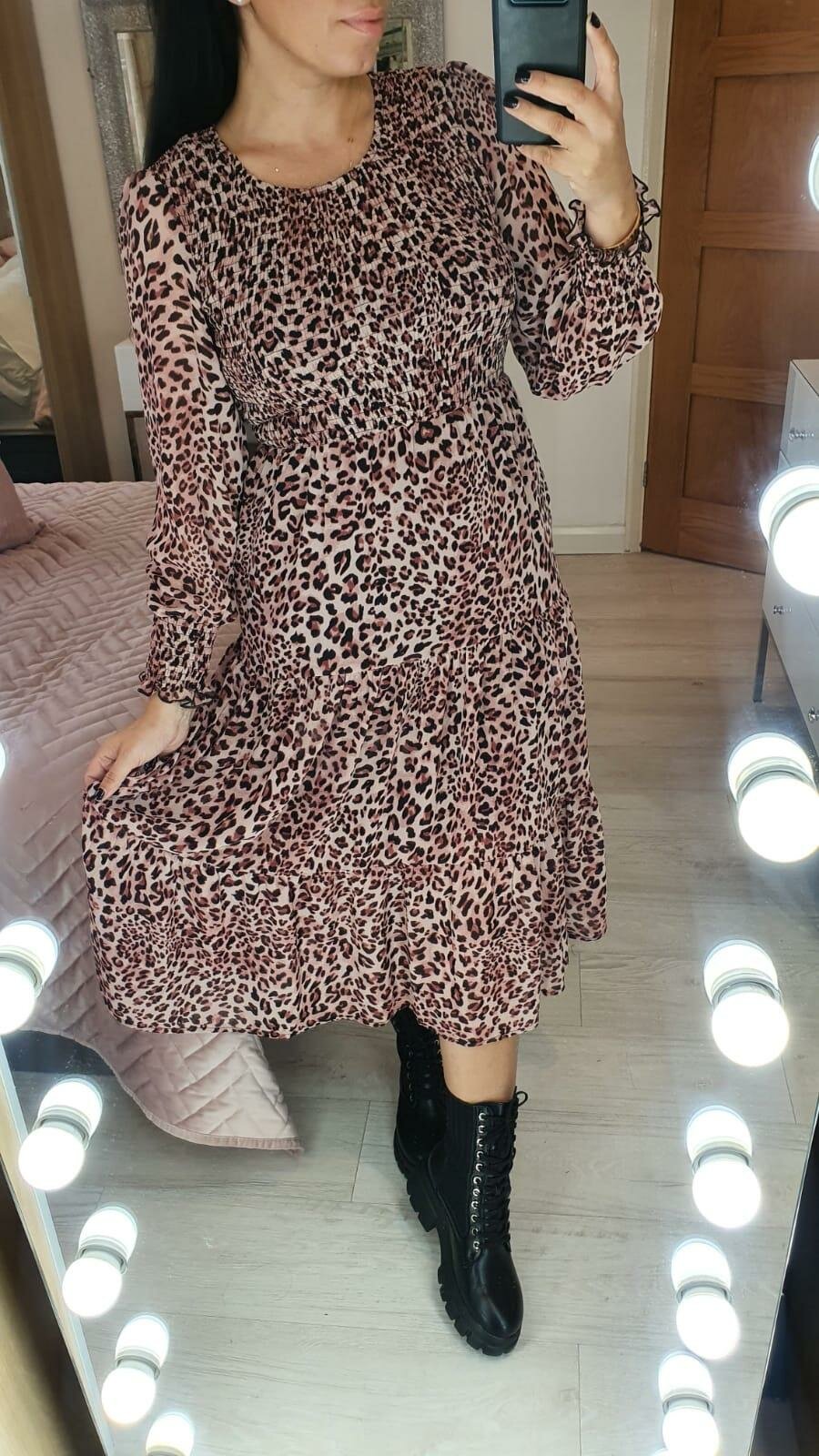 Vally Pink Leopard print Tiered Midi Dress