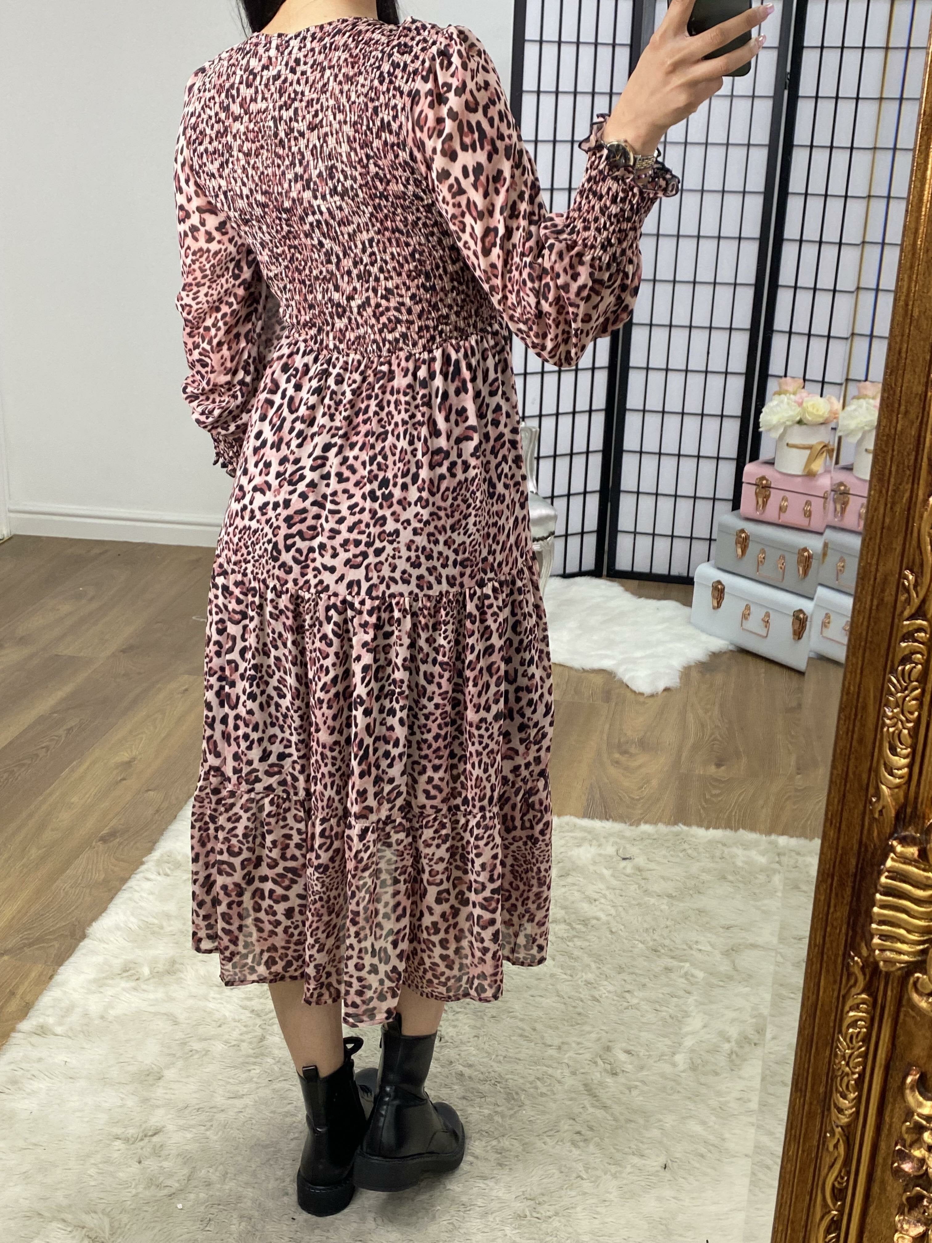 Vally Pink Leopard print Tiered Midi Dress