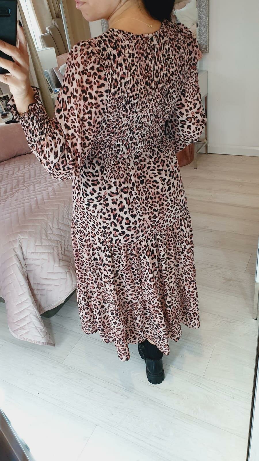 Vally Pink Leopard print Tiered Midi Dress