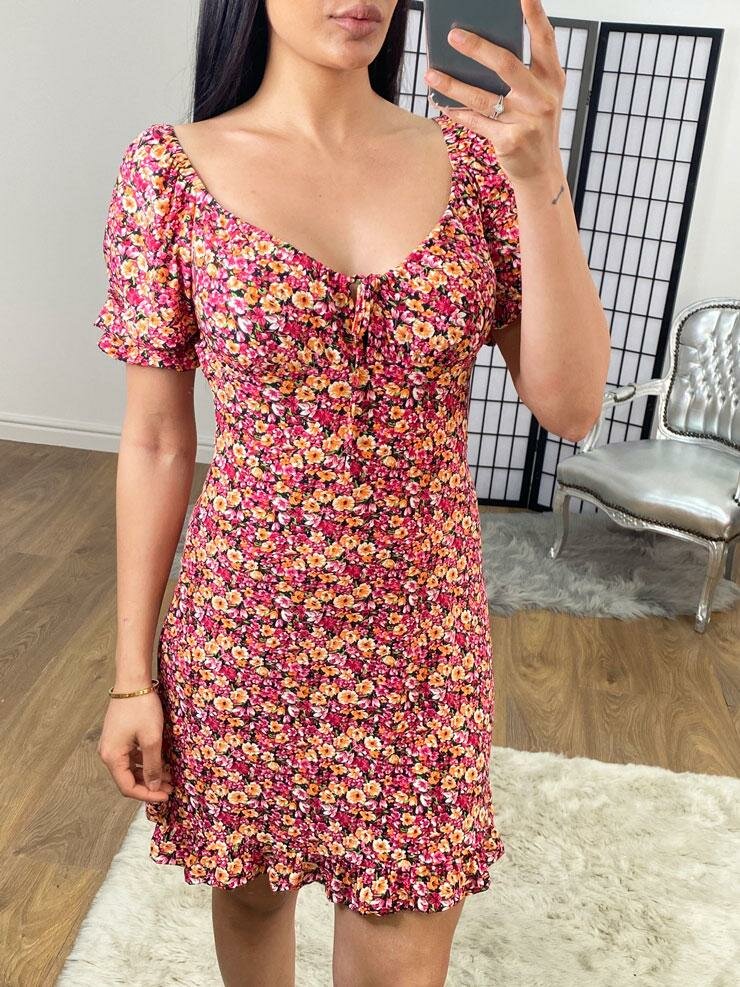 Veronique Floral Puff Sleeve Sweetheart Mini Dress